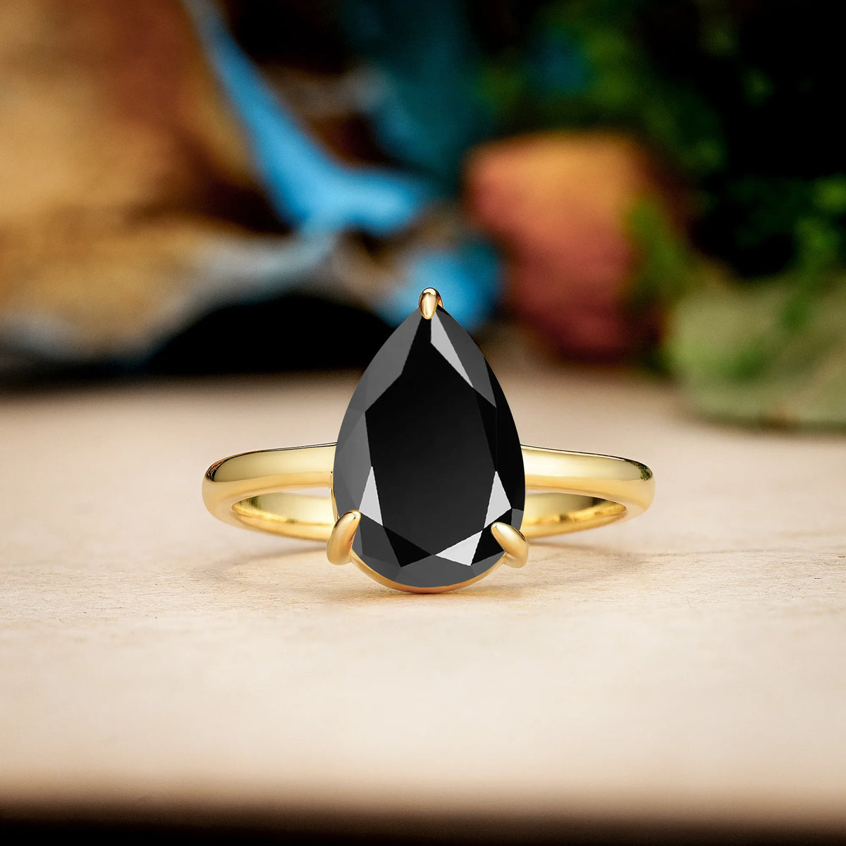Pear Cut Black Onyx Classic Minimalist 3 Prong Engagement Ring