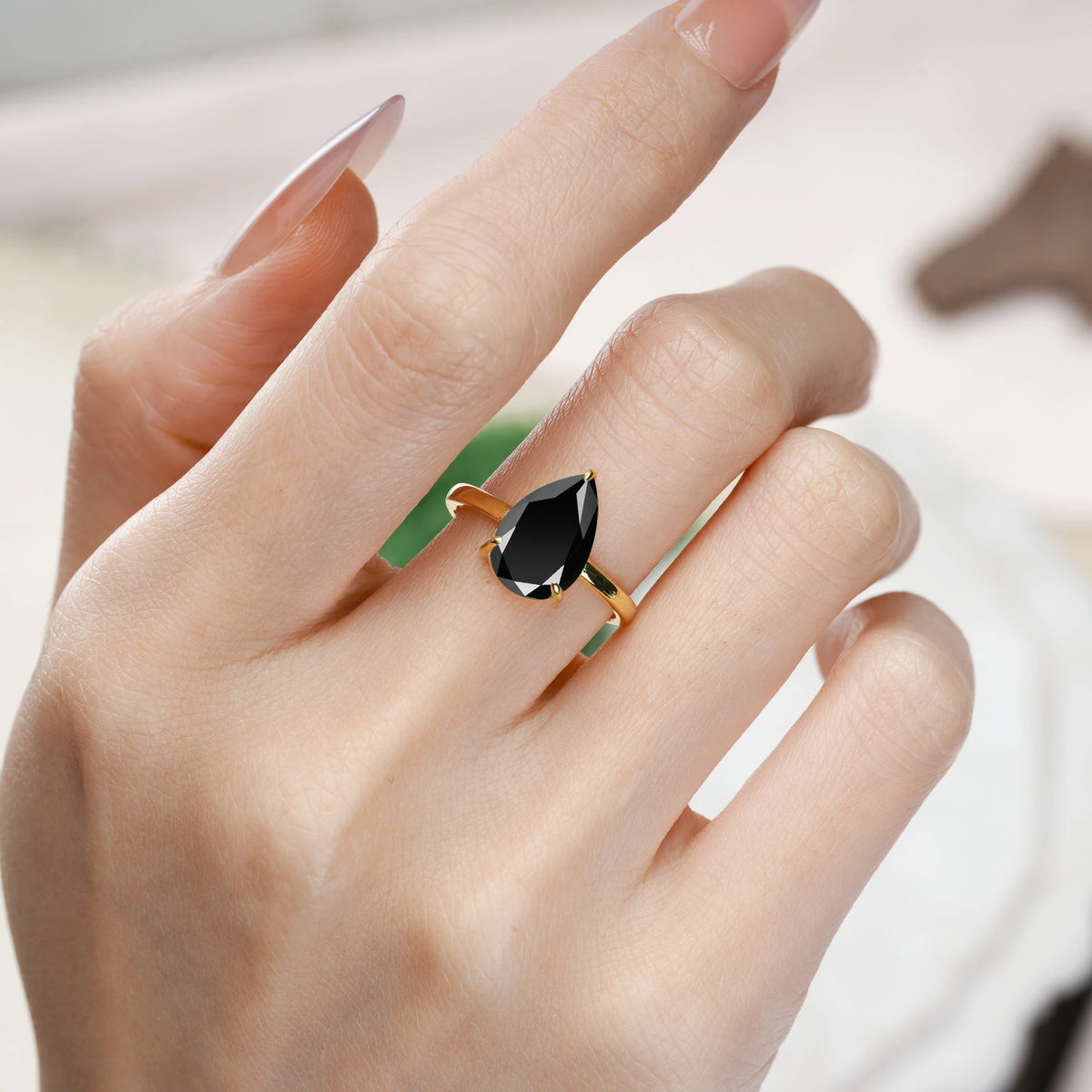 Pear Cut Black Onyx Classic Minimalist 3 Prong Engagement Ring