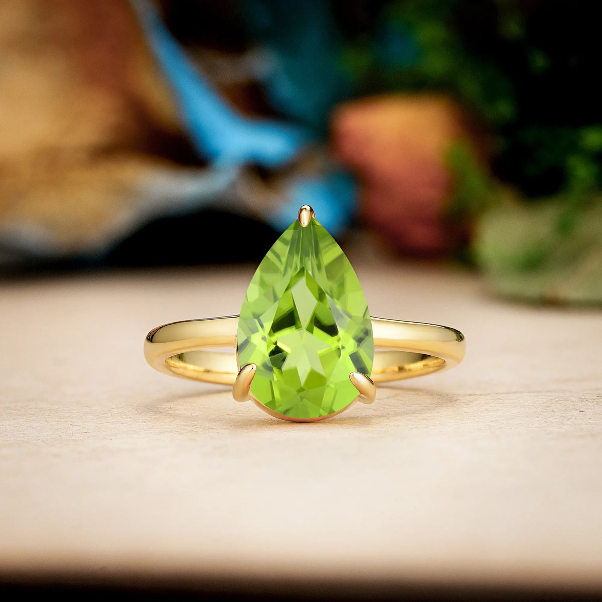 Pear Cut Peridot Classic Minimalist 3 Prong Engagement Ring
