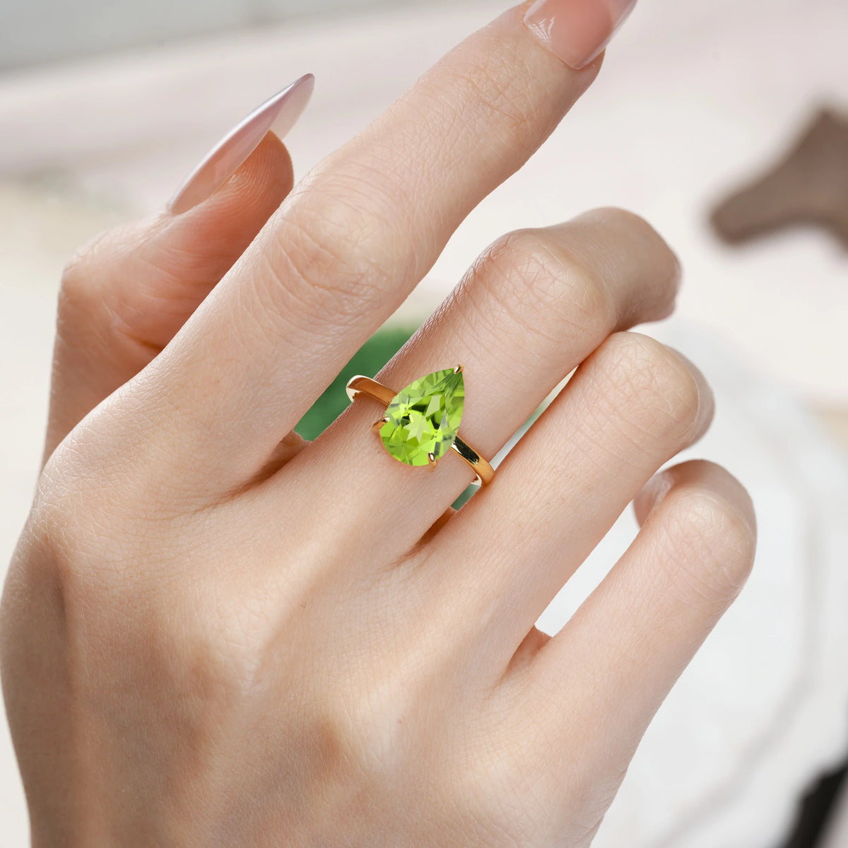 Pear Cut Peridot Classic Minimalist 3 Prong Engagement Ring