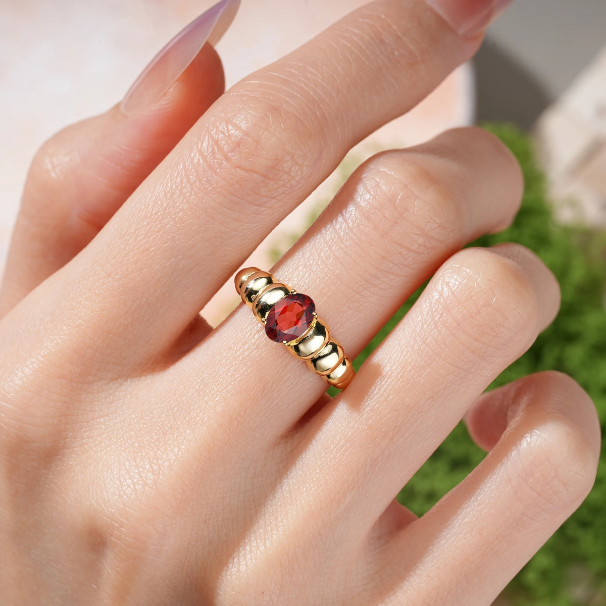 Oval Cut Garnet Unique Stacked 4-Prong Promise Ring