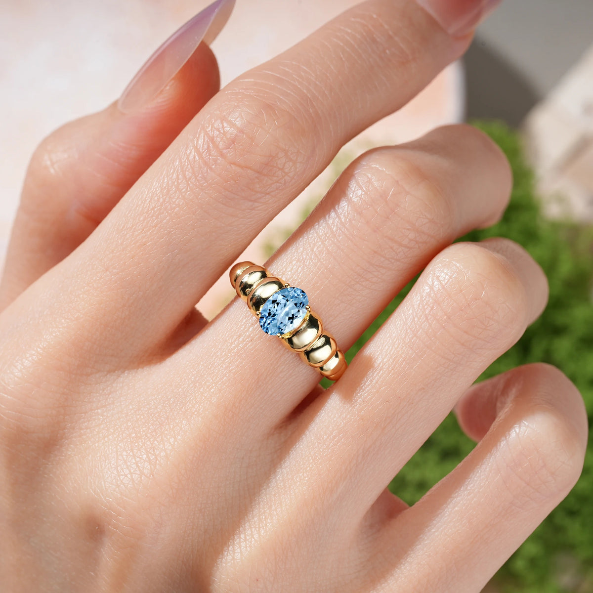 Oval Cut Aquamarine Unique Stacked 4-Prong Promise Ring