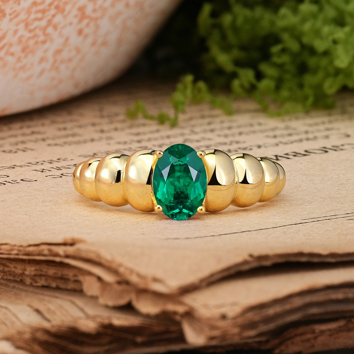 Oval Cut Emerald Unique Stacked 4-Prong Promise Ring