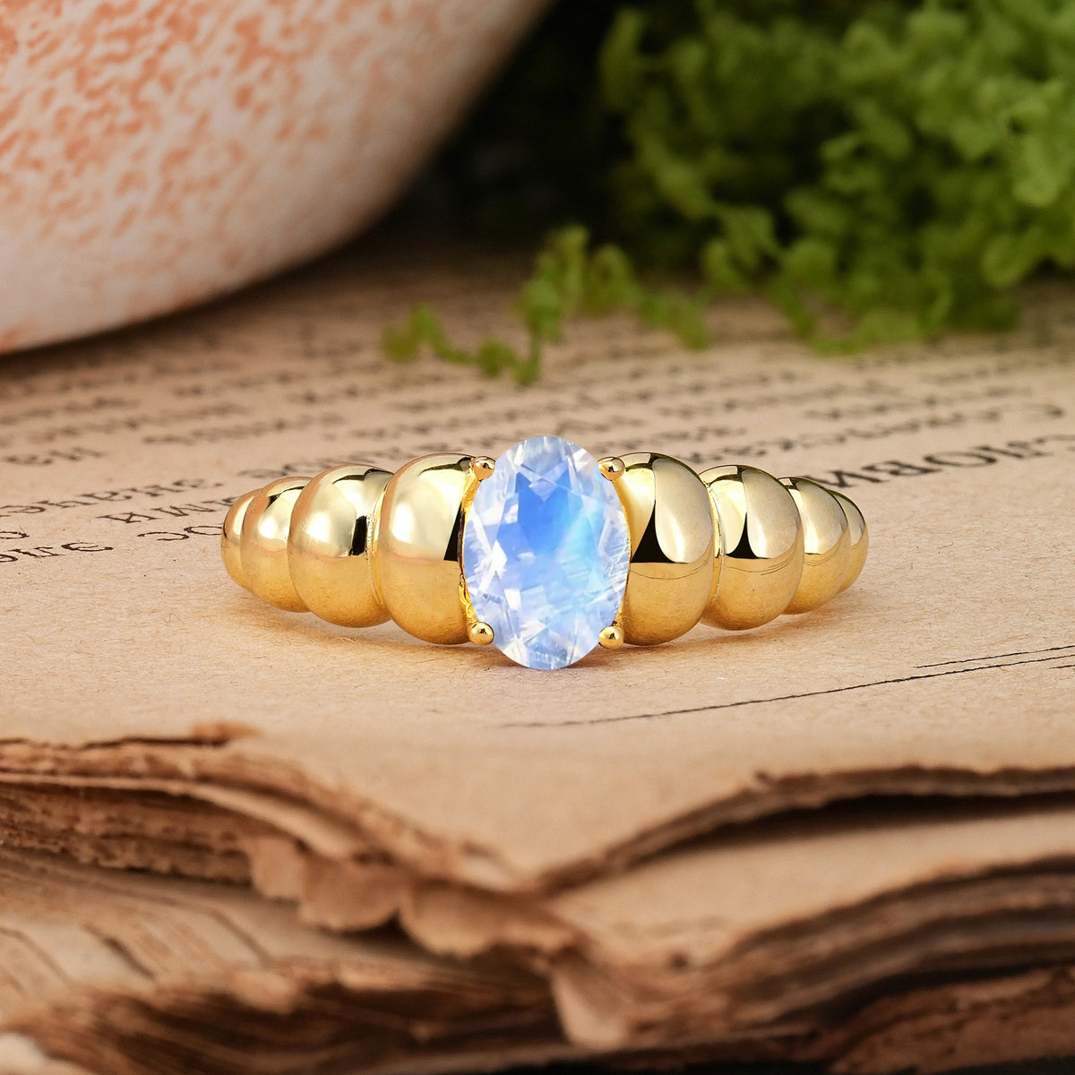 Oval Cut Moonstone Unique Stacked 4-Prong Promise Ring