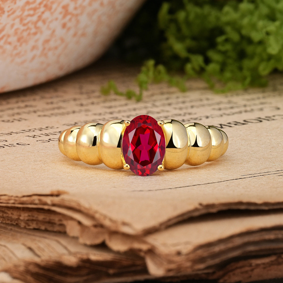 Oval Cut Ruby Unique Stacked 4-Prong Promise Ring