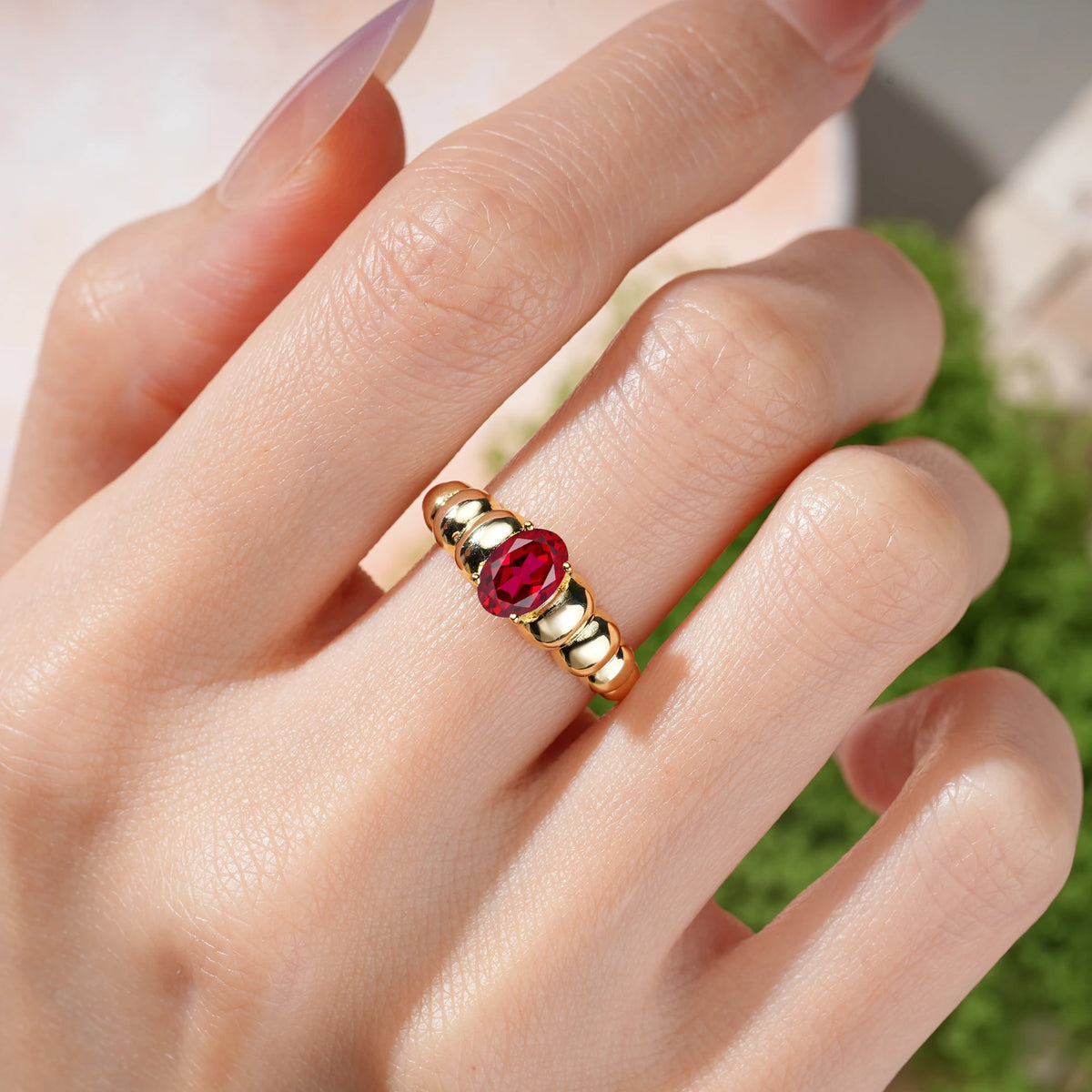 Oval Cut Ruby Unique Stacked 4-Prong Promise Ring
