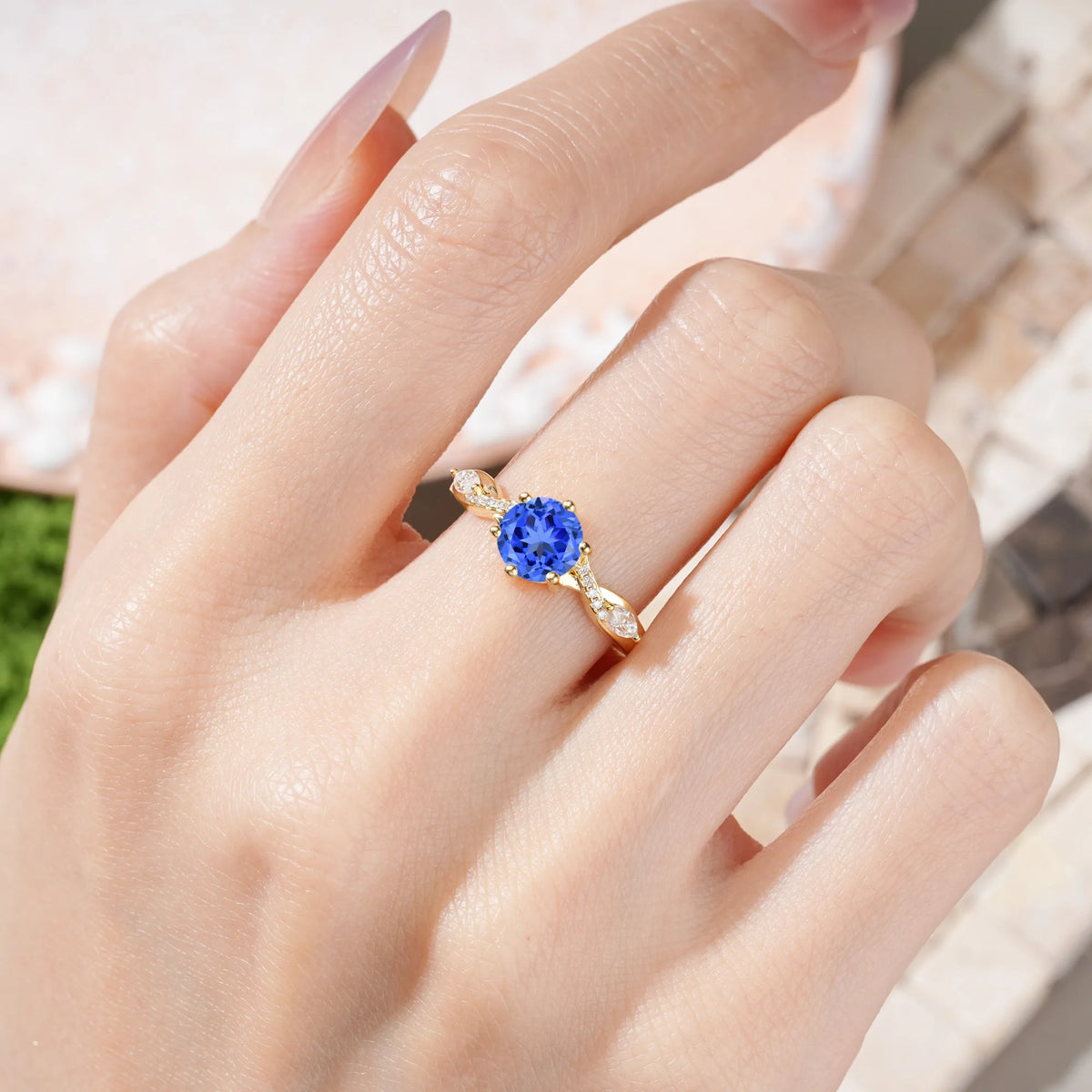 Round Cut Sapphire Unique Intertwined 6-Prong Engagement Ring
