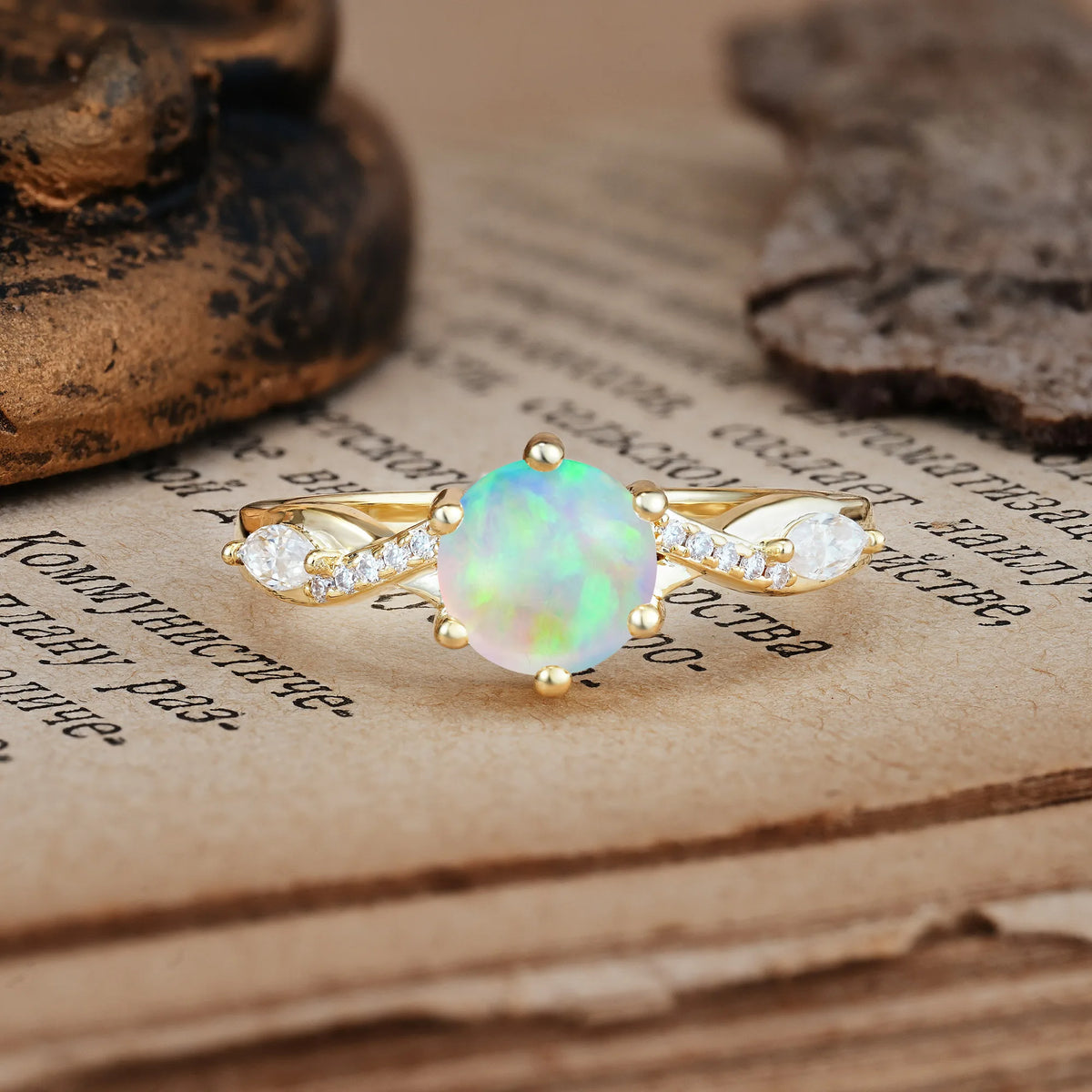 Unique Intertwined 6-Prong Round Cut Fire Opal Engagement Ring