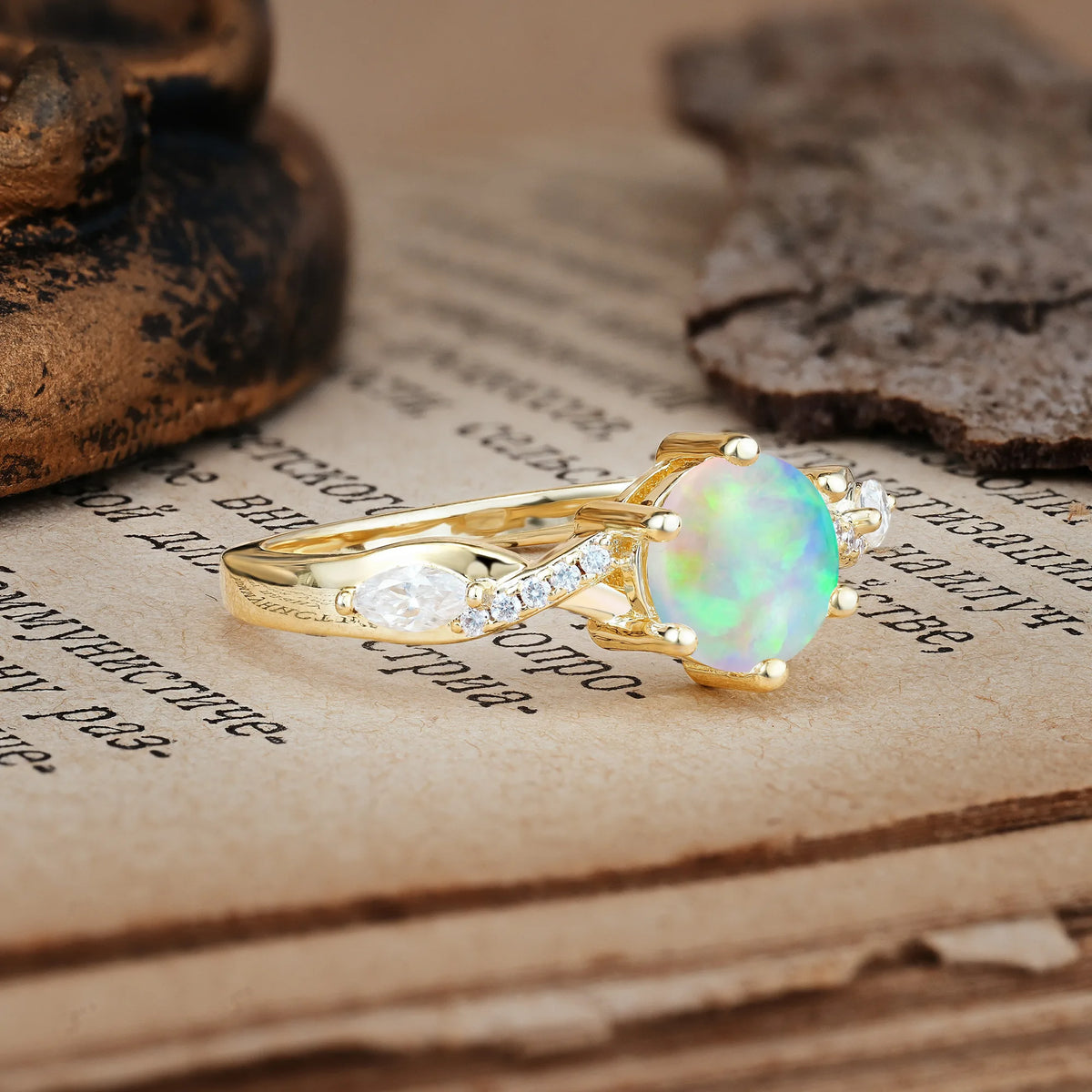 Unique Intertwined 6-Prong Round Cut Fire Opal Engagement Ring