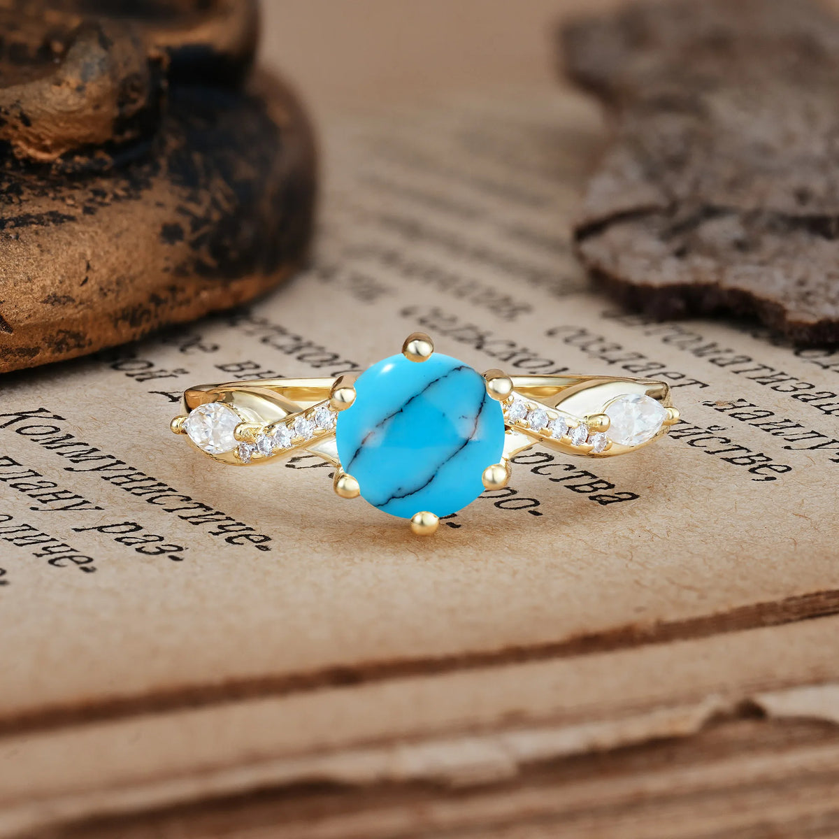 Unique Intertwined 6-Prong Round Cut Turquoise Engagement Ring