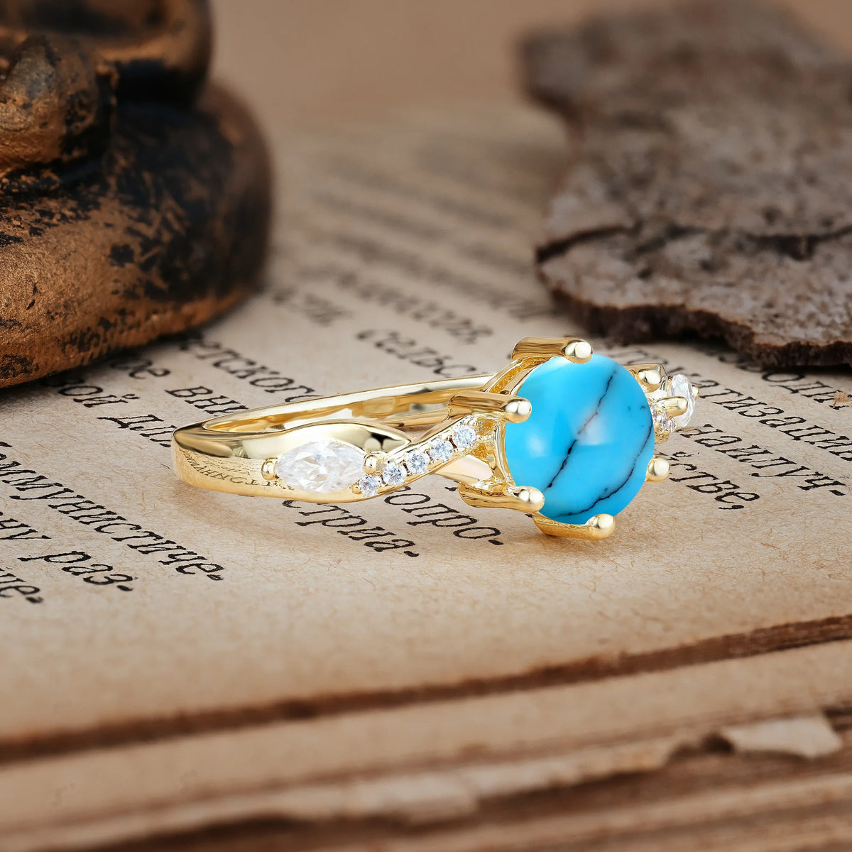 Unique Intertwined 6-Prong Round Cut Turquoise Engagement Ring