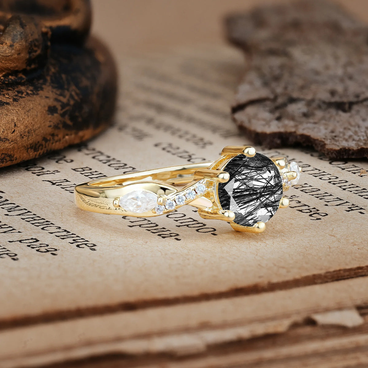 Unique Intertwined 6-Prong Round Cut Black Rutilated Quartz Engagement Ring
