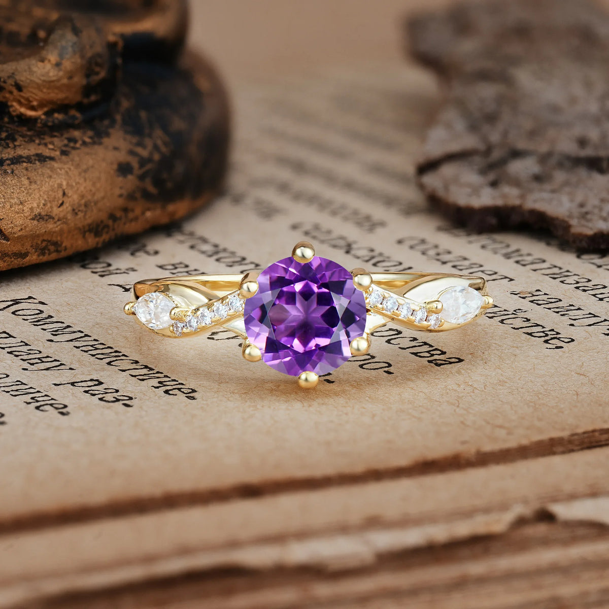 Unique Intertwined 6-Prong Round Cut Amethyst Engagement Ring