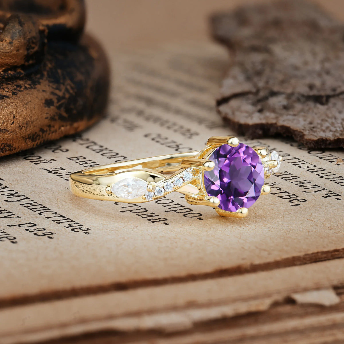 Unique Intertwined 6-Prong Round Cut Amethyst Engagement Ring