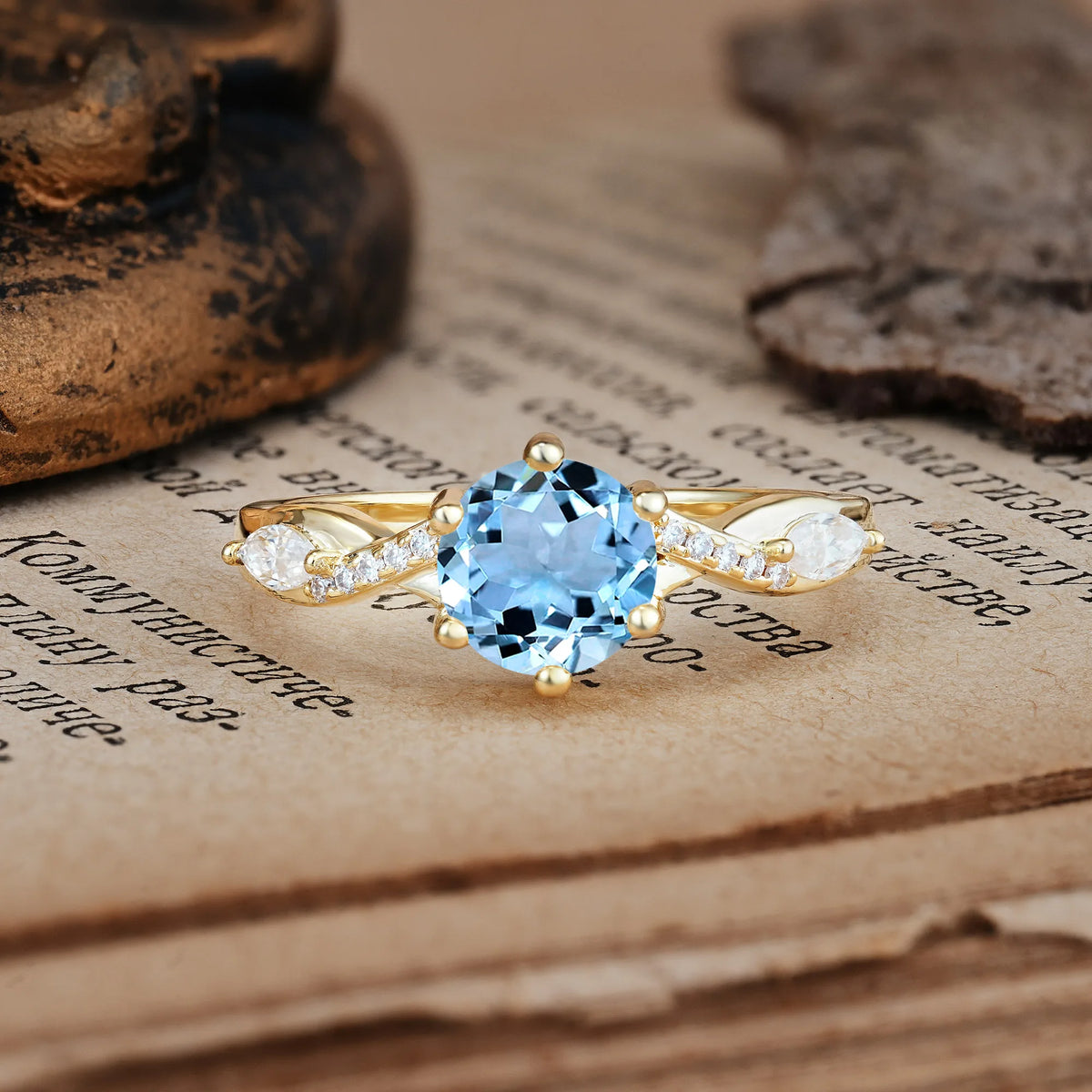 Unique Intertwined 6-Prong Round Cut Aquamarine Engagement Ring