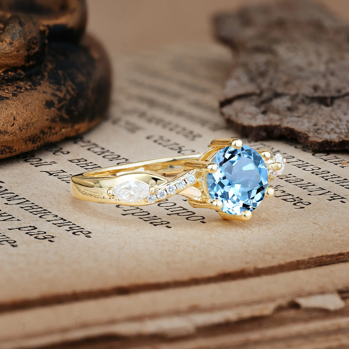 Unique Intertwined 6-Prong Round Cut Aquamarine Engagement Ring