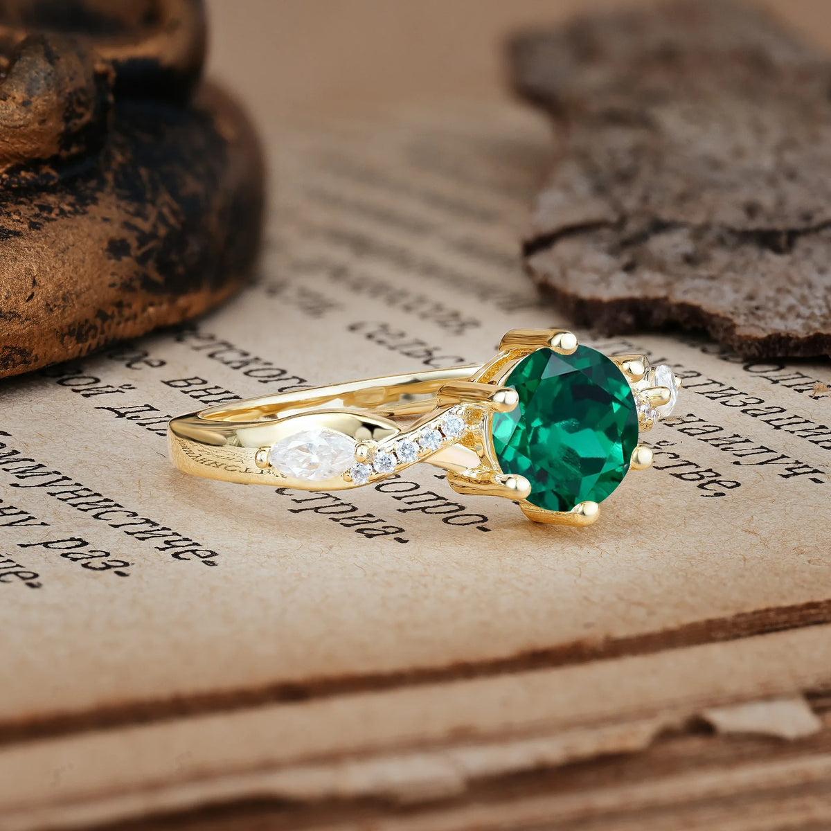 Unique Intertwined 6-Prong Round Cut Emerald Engagement Ring