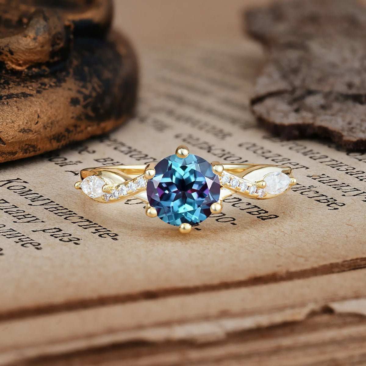 Unique Intertwined 6-Prong Round Cut Alexandrite Engagement Ring