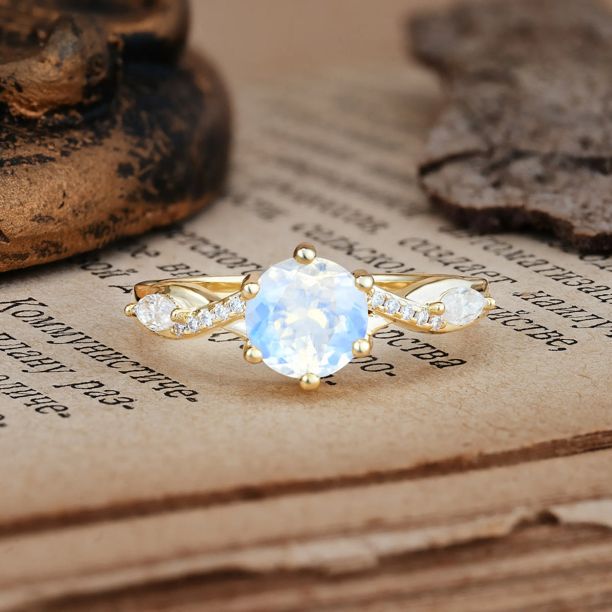 Unique Intertwined 6-Prong Round Cut Moonstone Engagement Ring