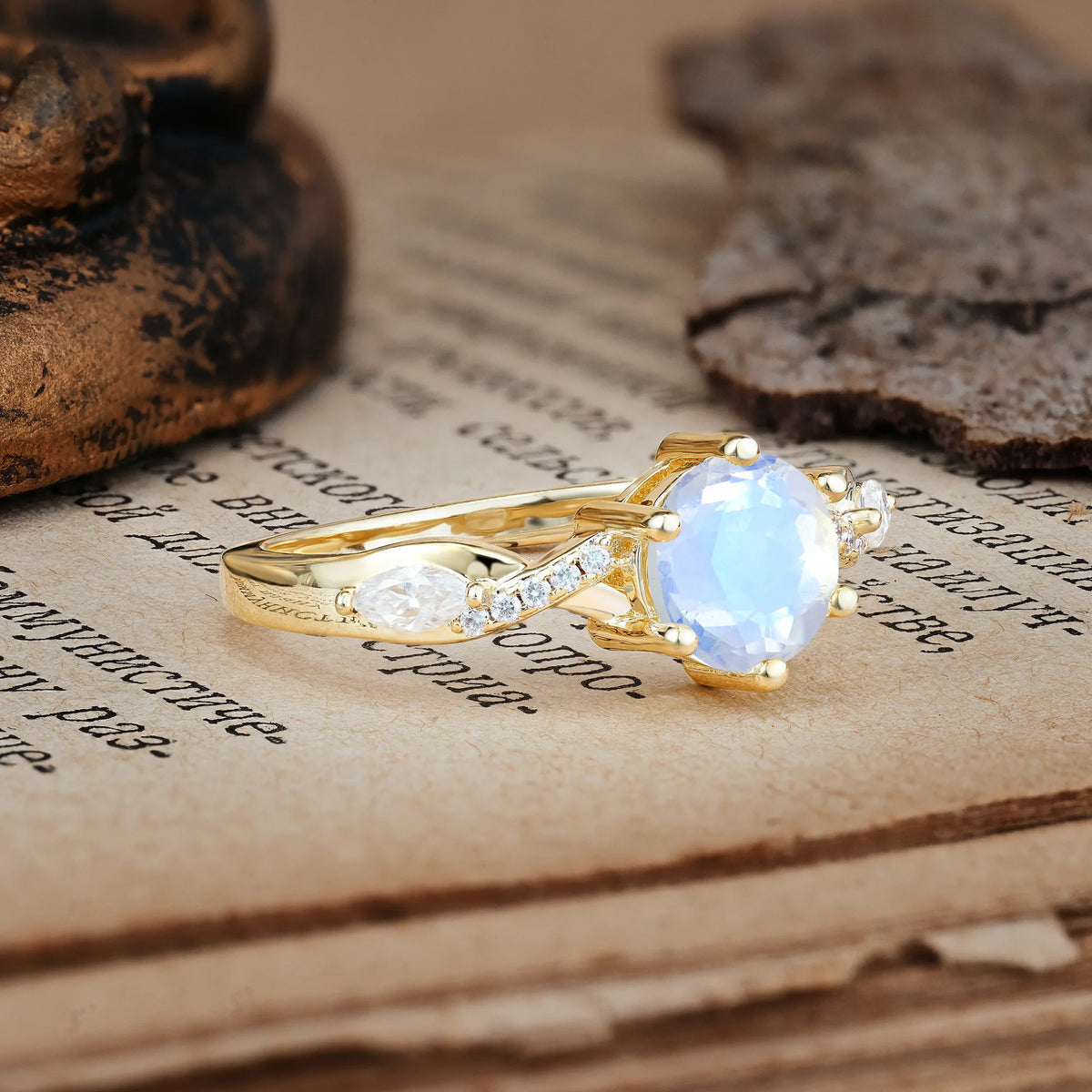 Unique Intertwined 6-Prong Round Cut Moonstone Engagement Ring