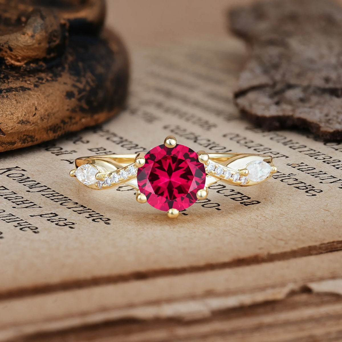 Unique Intertwined 6-Prong Round Cut Ruby Engagement Ring