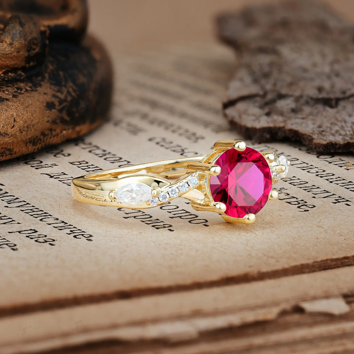 Unique Intertwined 6-Prong Round Cut Ruby Engagement Ring