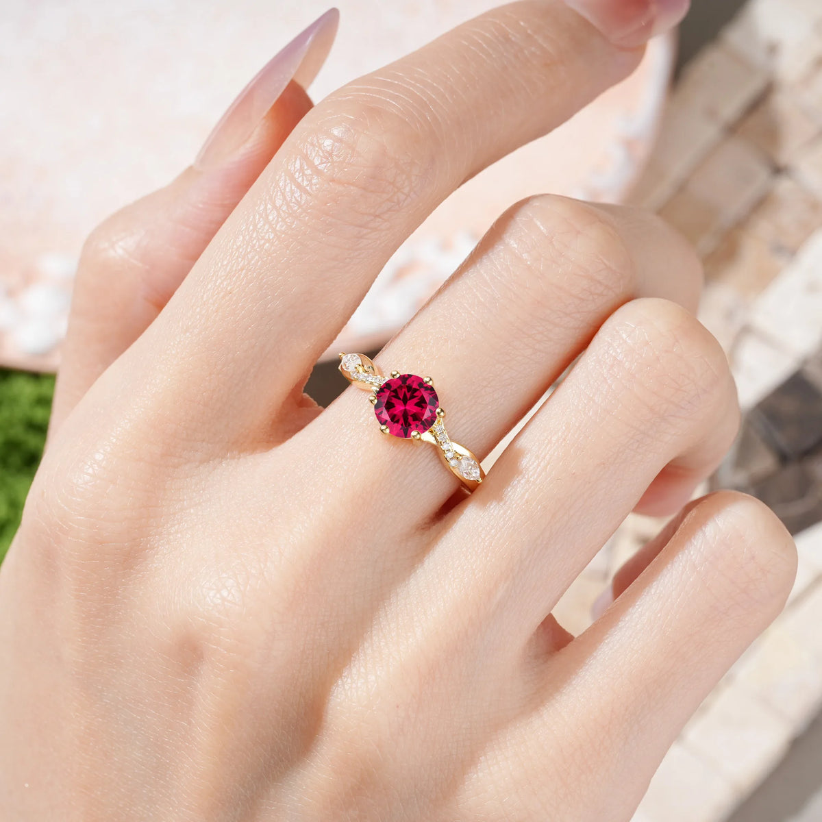 Round Cut Ruby Unique Intertwined 6-Prong Engagement Ring