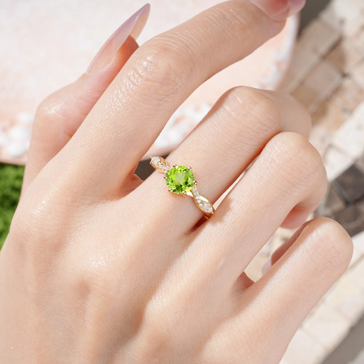 Round Cut Peridot Unique Intertwined 6-Prong Engagement Ring