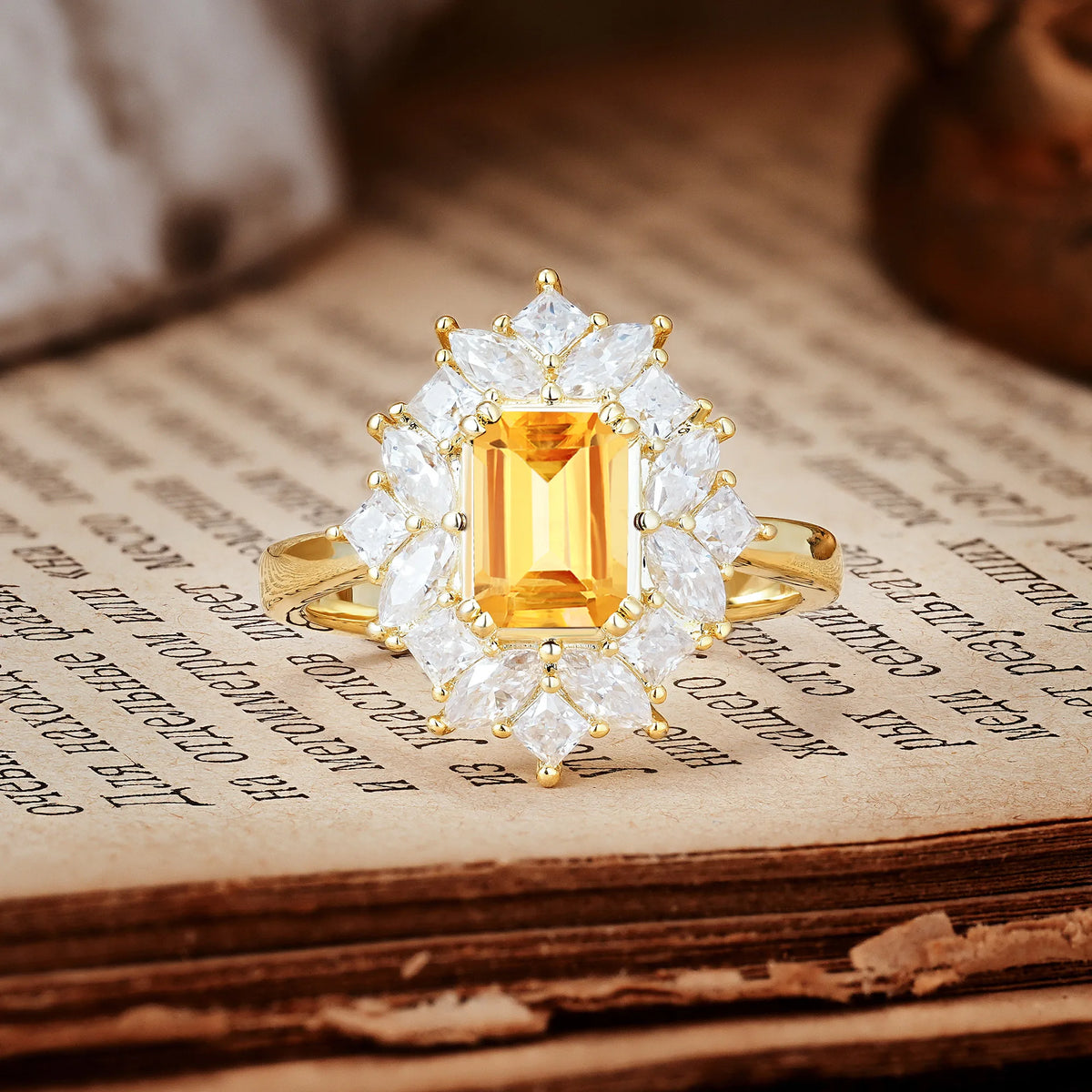 Unique & Classic 12-Prong Emerald Cut Citrine Engagement Ring