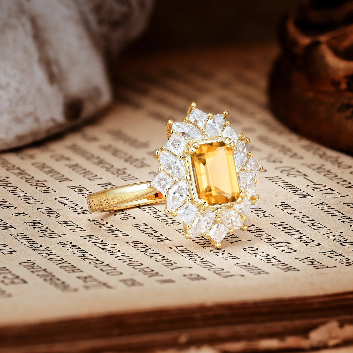 Unique & Classic 12-Prong Emerald Cut Citrine Engagement Ring