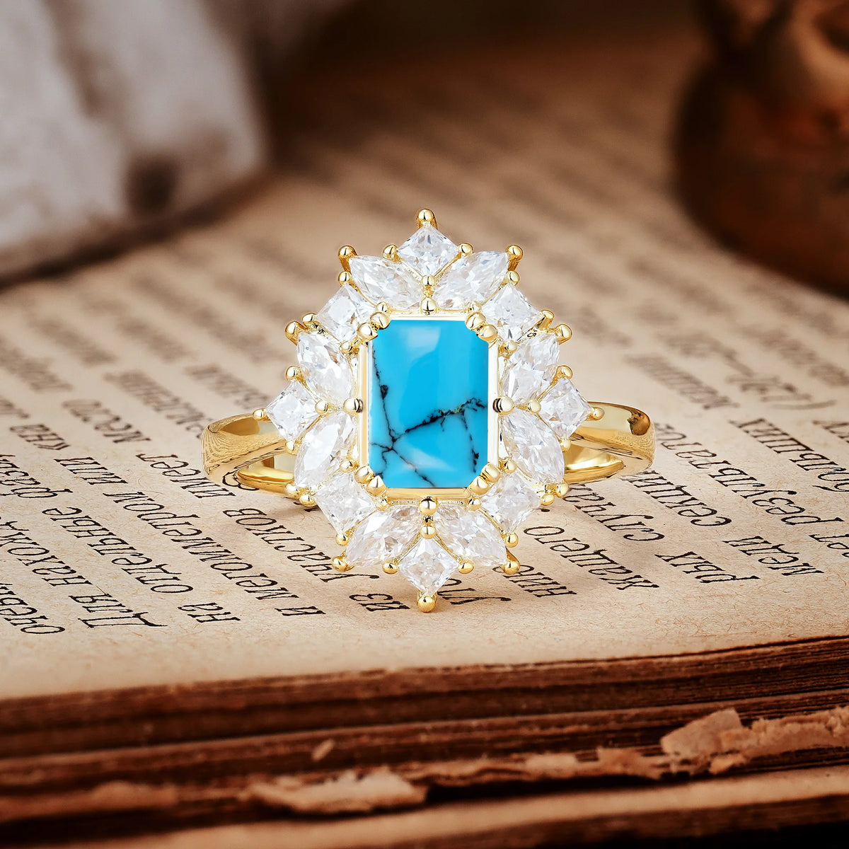 Unique & Classic 12-Prong Emerald Cut Turquoise Engagement Ring
