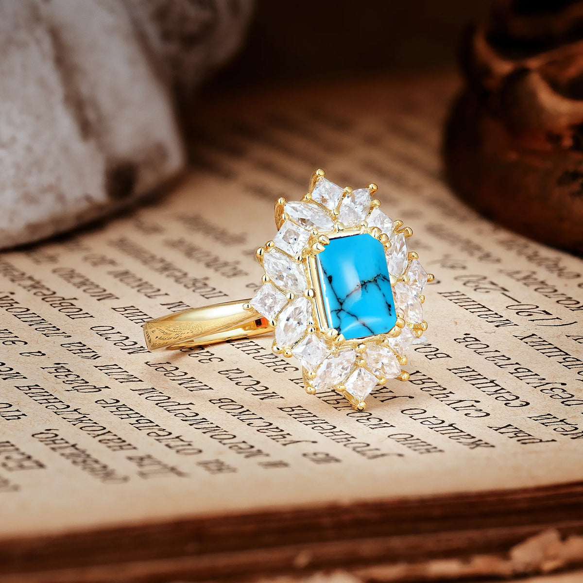 Unique & Classic 12-Prong Emerald Cut Turquoise Engagement Ring