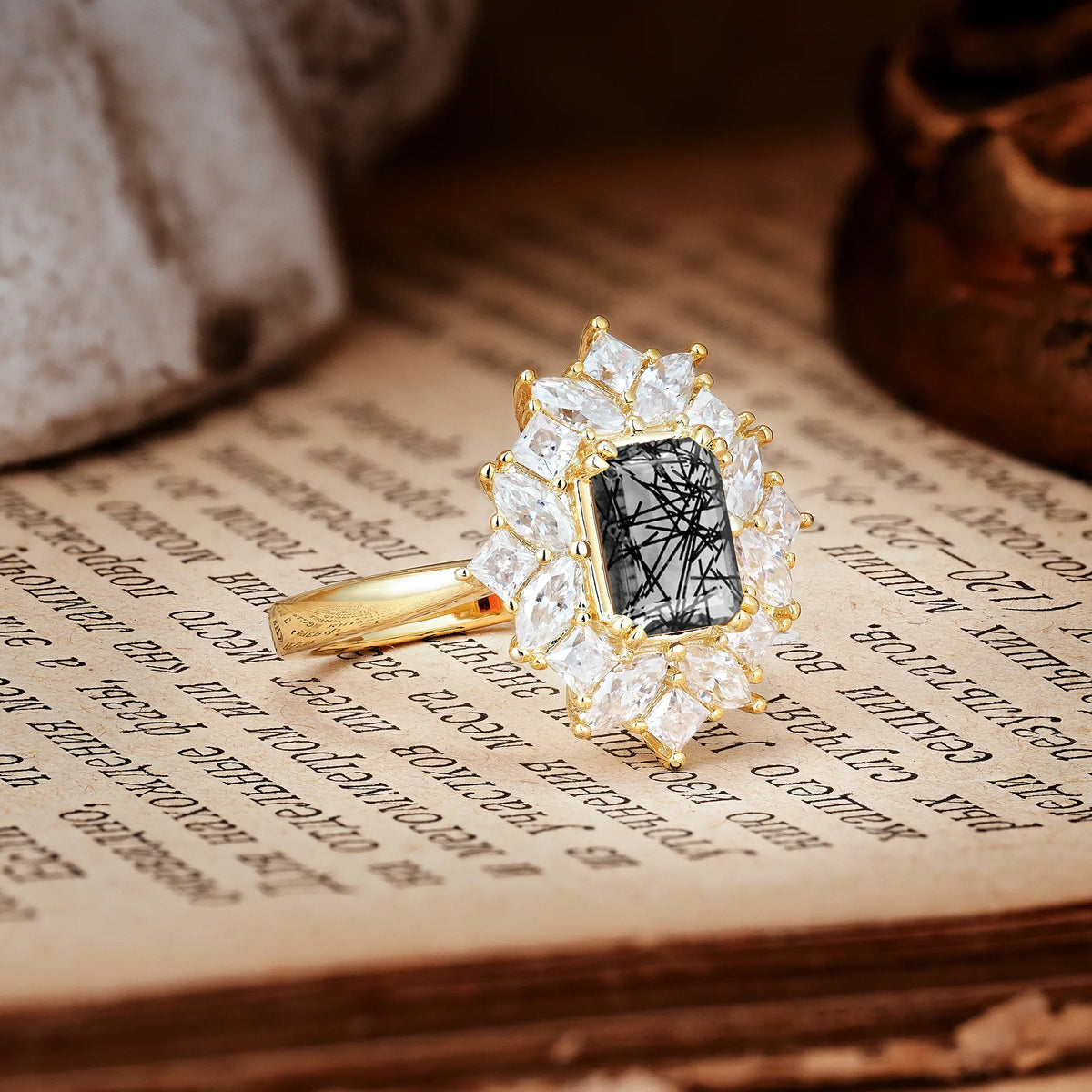 Unique & Classic 12-Prong Emerald Cut Black Rutilated Quartz Engagement Ring