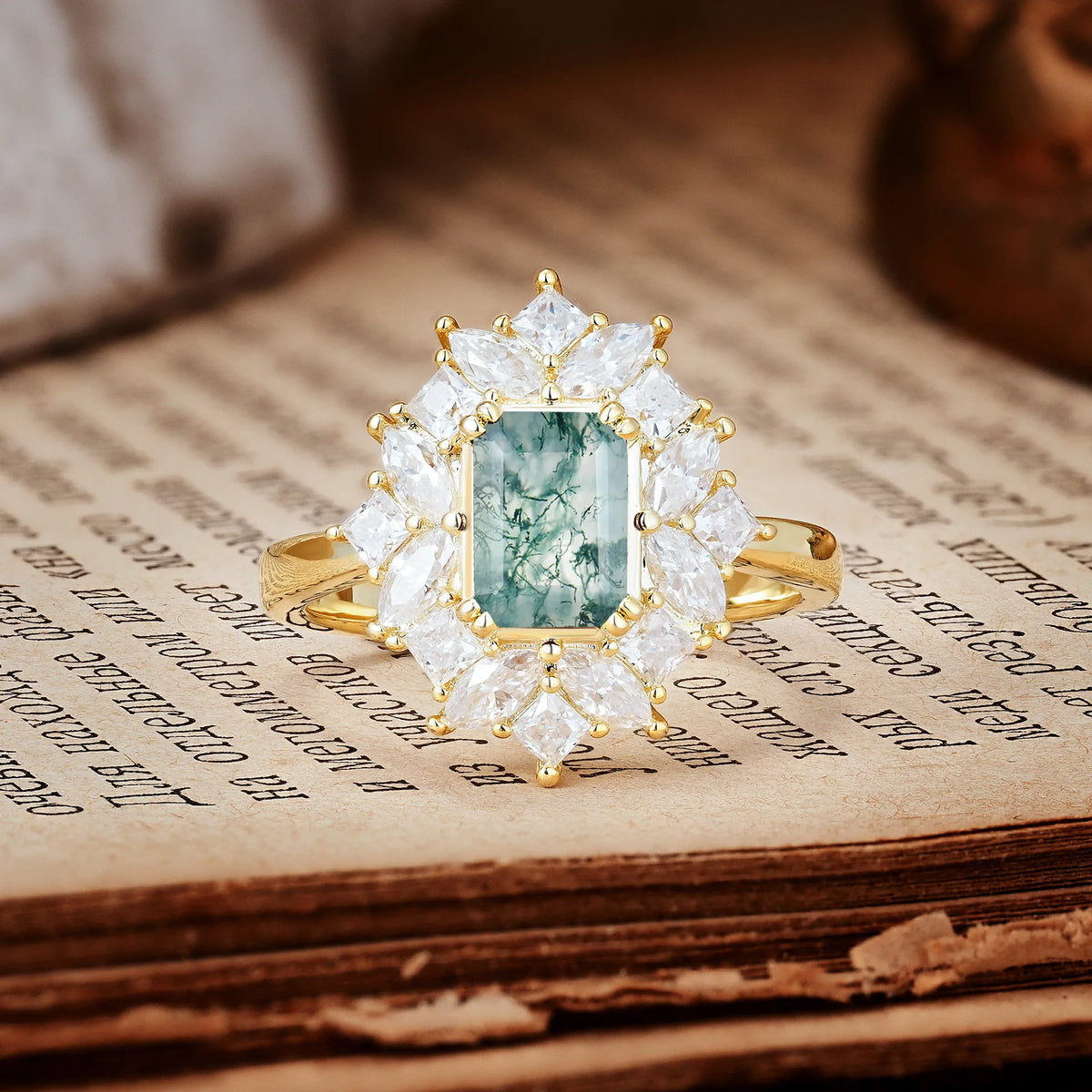 Unique & Classic 12-Prong Emerald Cut Moss Agate Engagement Ring