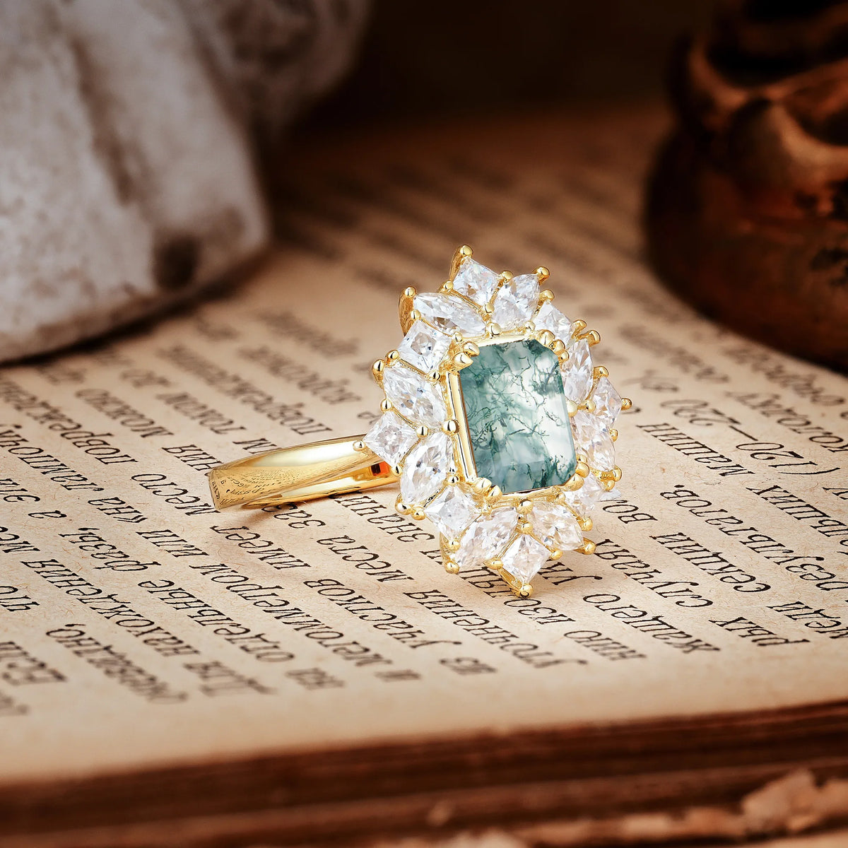 Unique & Classic 12-Prong Emerald Cut Moss Agate Engagement Ring
