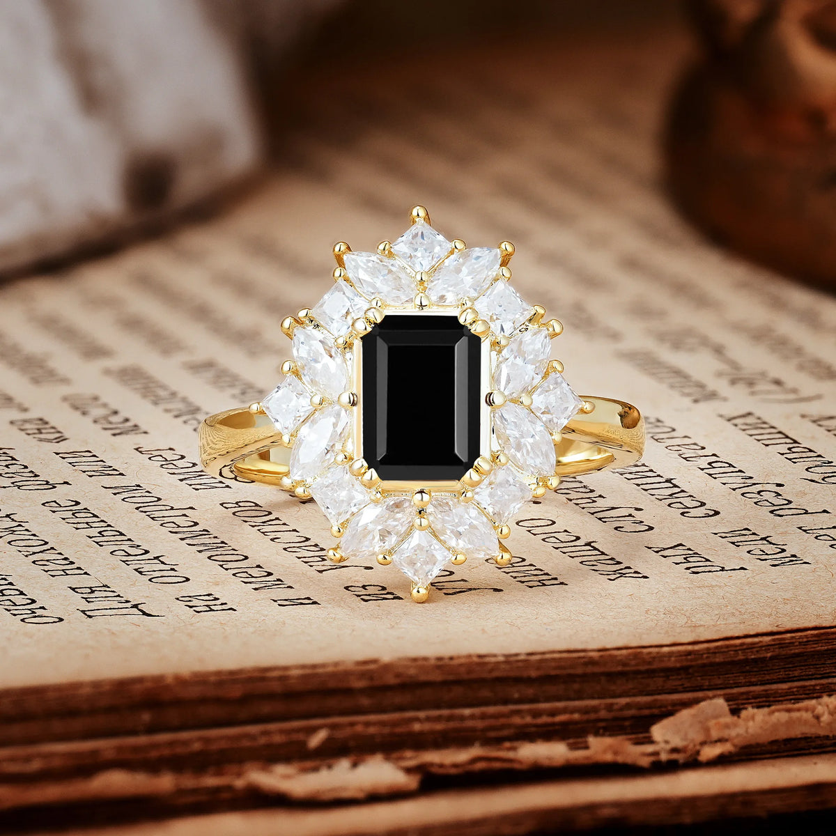 Unique & Classic 12-Prong Emerald Cut Black Onyx Engagement Ring
