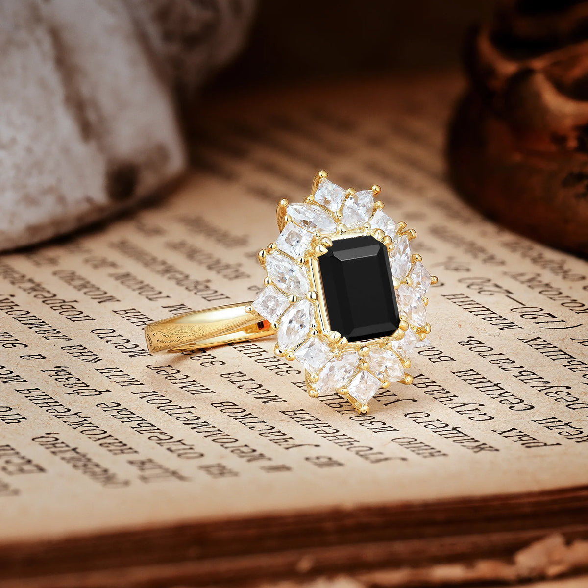 Unique & Classic 12-Prong Emerald Cut Black Onyx Engagement Ring