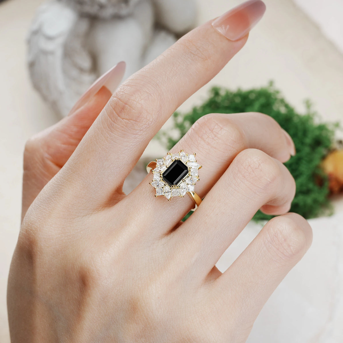 Emerald Cut Black Onyx Unique & Classic 12-Prong Engagement Ring