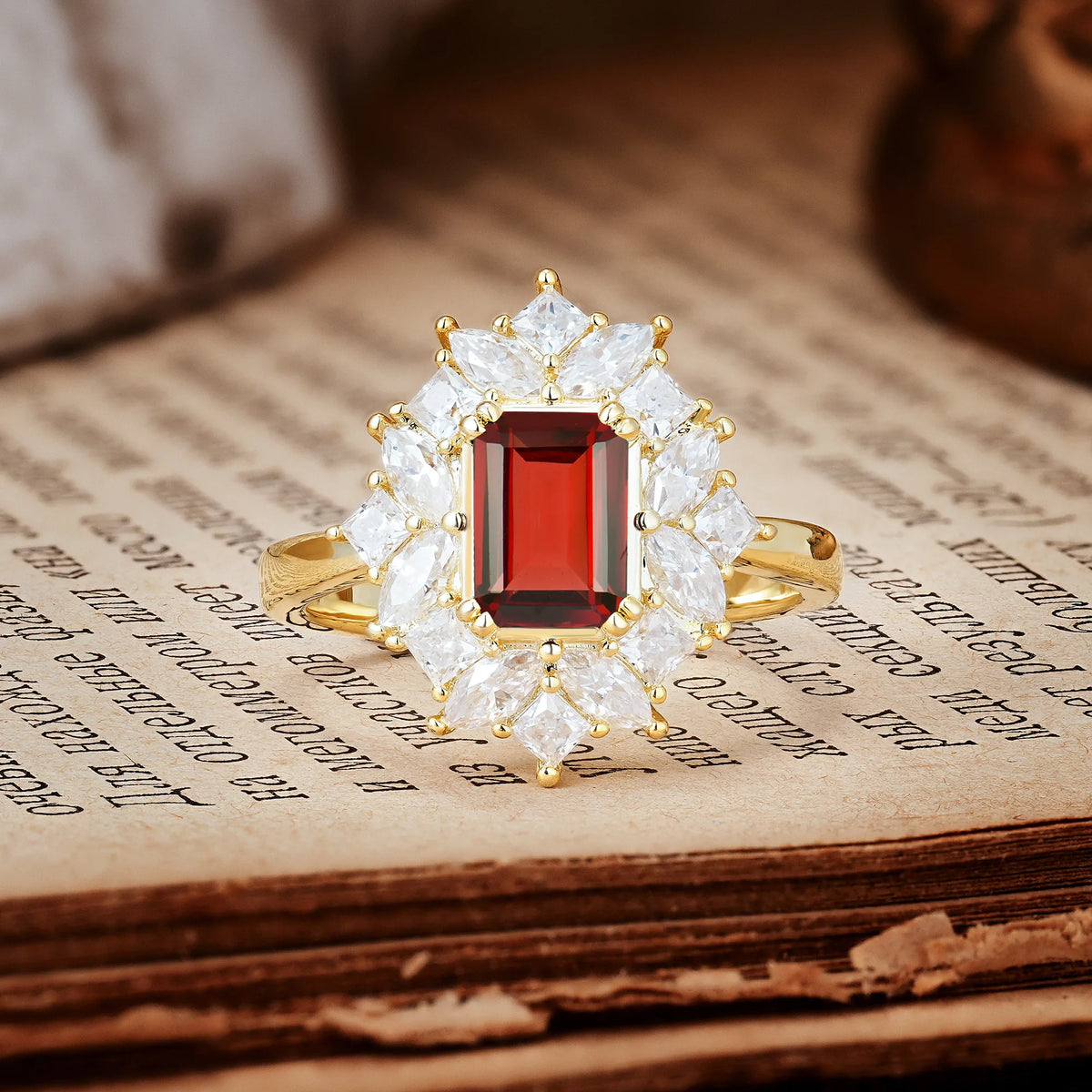 Unique & Classic 12-Prong Emerald Cut Garnet Engagement Ring