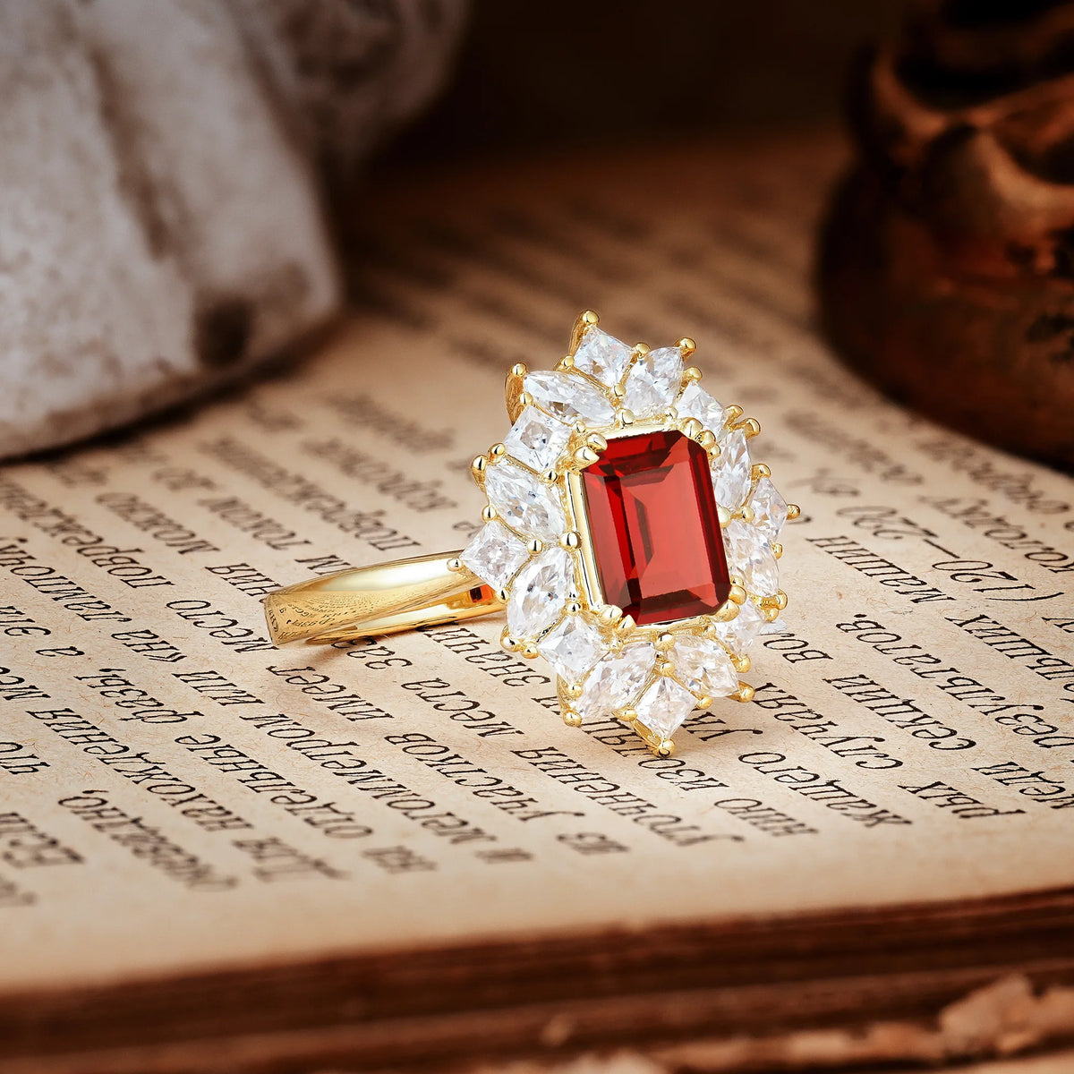 Unique & Classic 12-Prong Emerald Cut Garnet Engagement Ring
