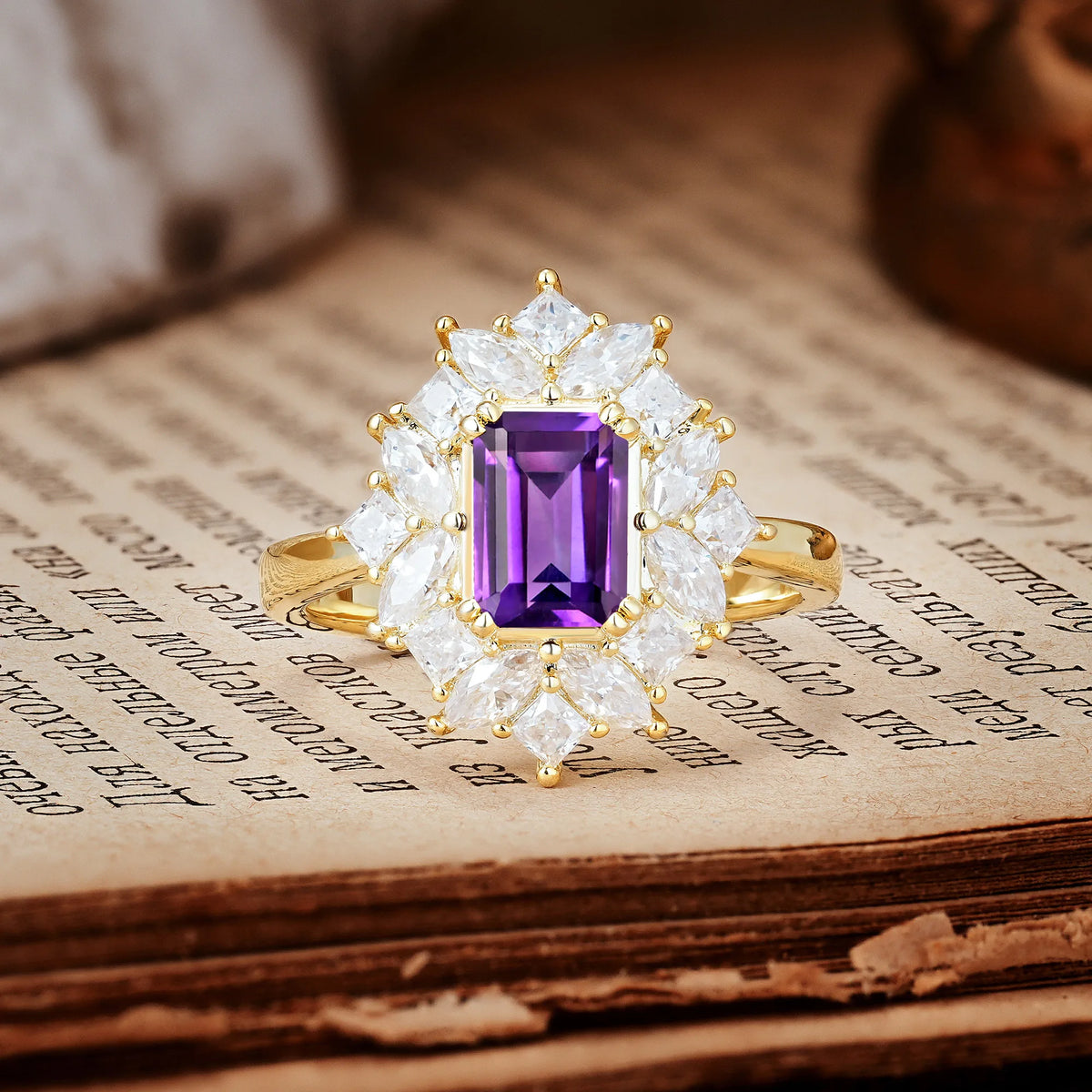 Unique & Classic 12-Prong Emerald Cut Amethyst Engagement Ring
