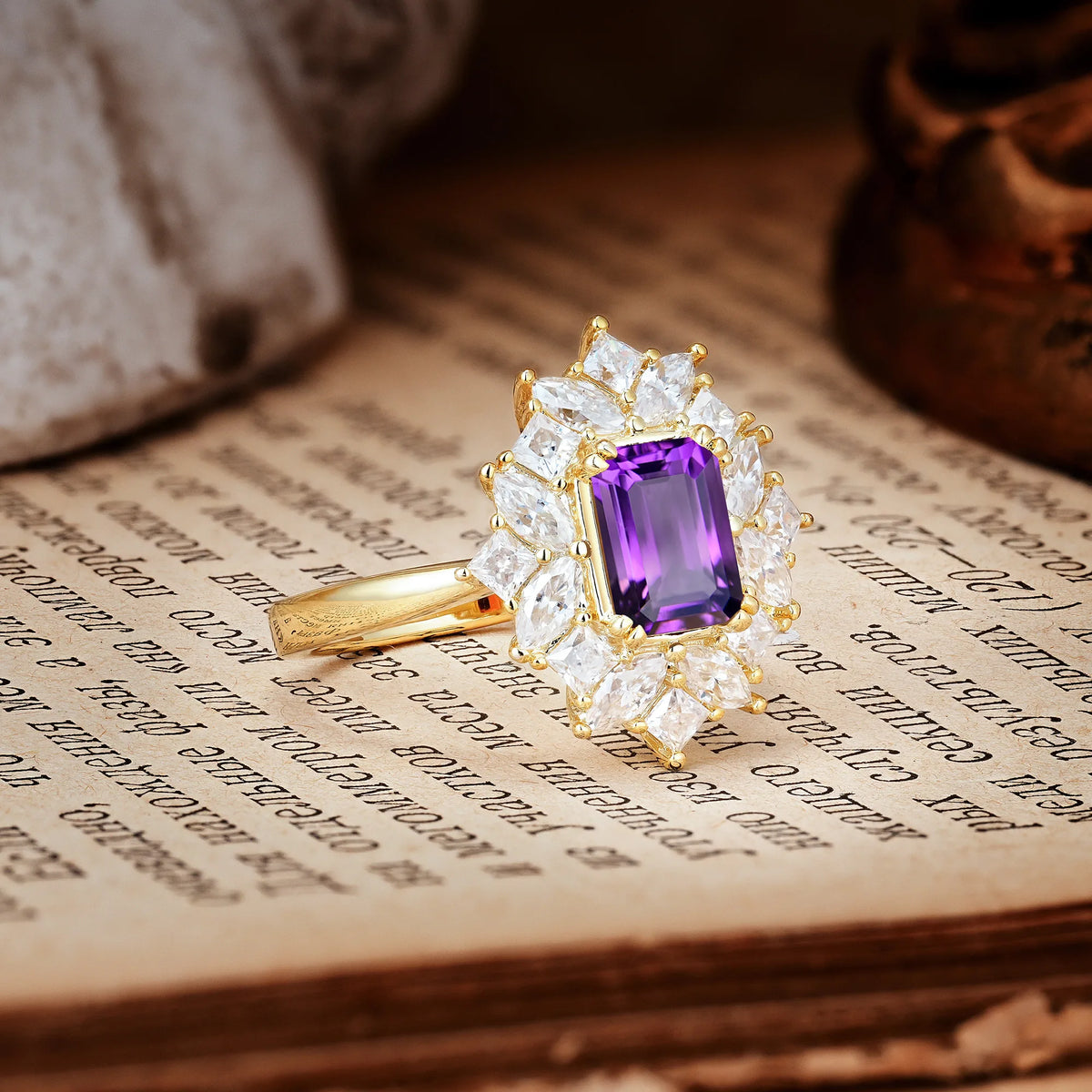 Unique & Classic 12-Prong Emerald Cut Amethyst Engagement Ring