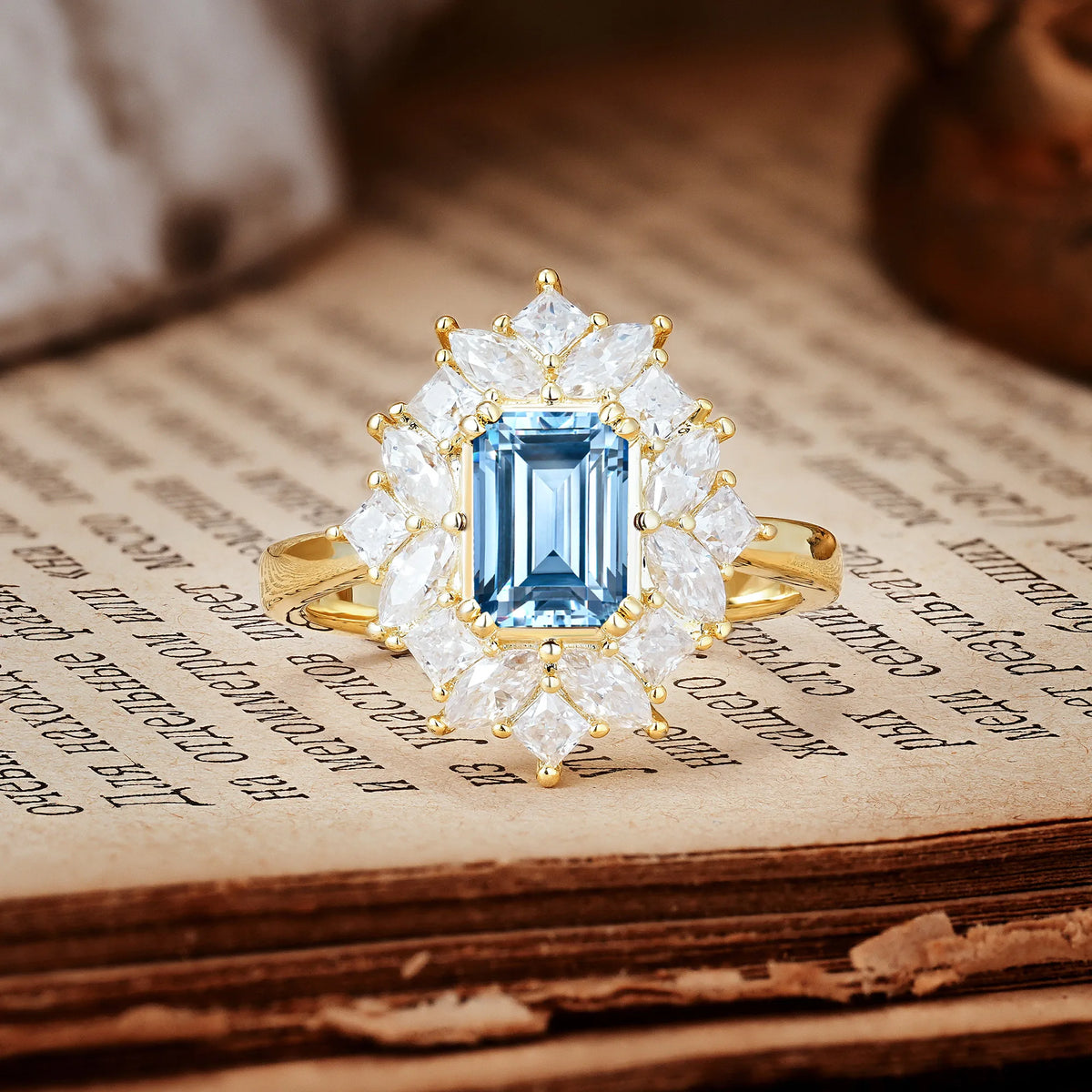 Unique & Classic 12-Prong Emerald Cut Aquamarine Engagement Ring