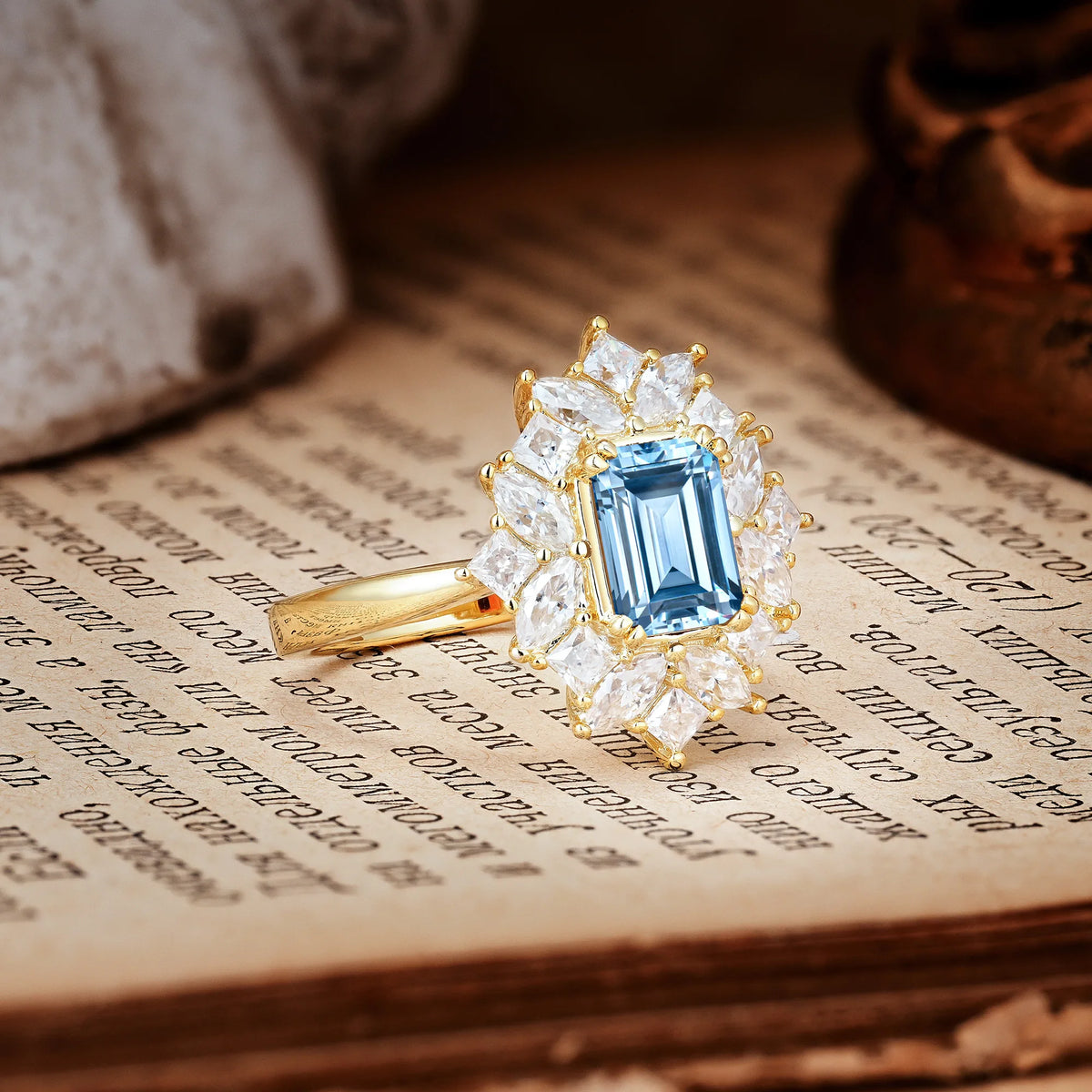 Unique & Classic 12-Prong Emerald Cut Aquamarine Engagement Ring