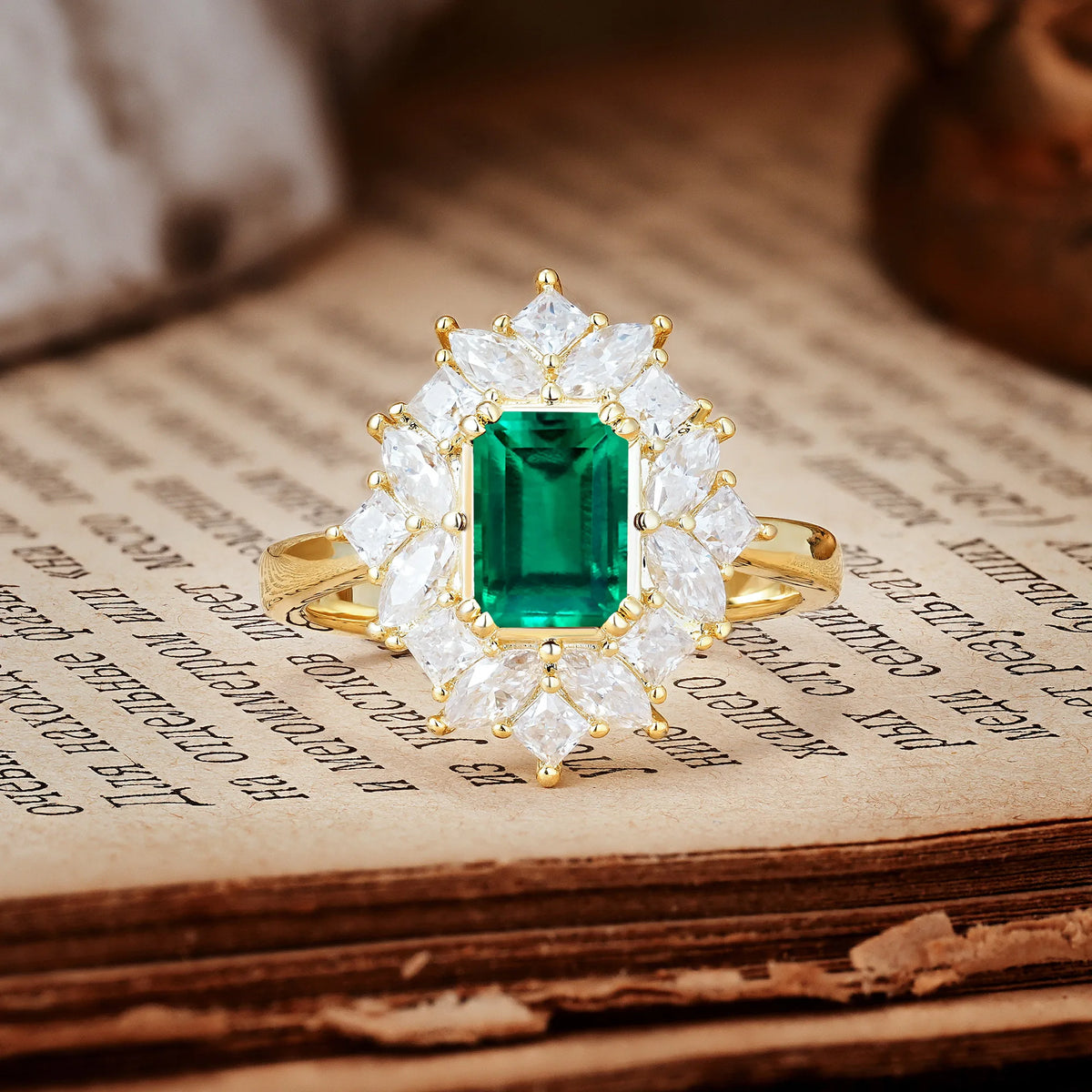 Unique & Classic 12-Prong Emerald Cut Emerald Engagement Ring