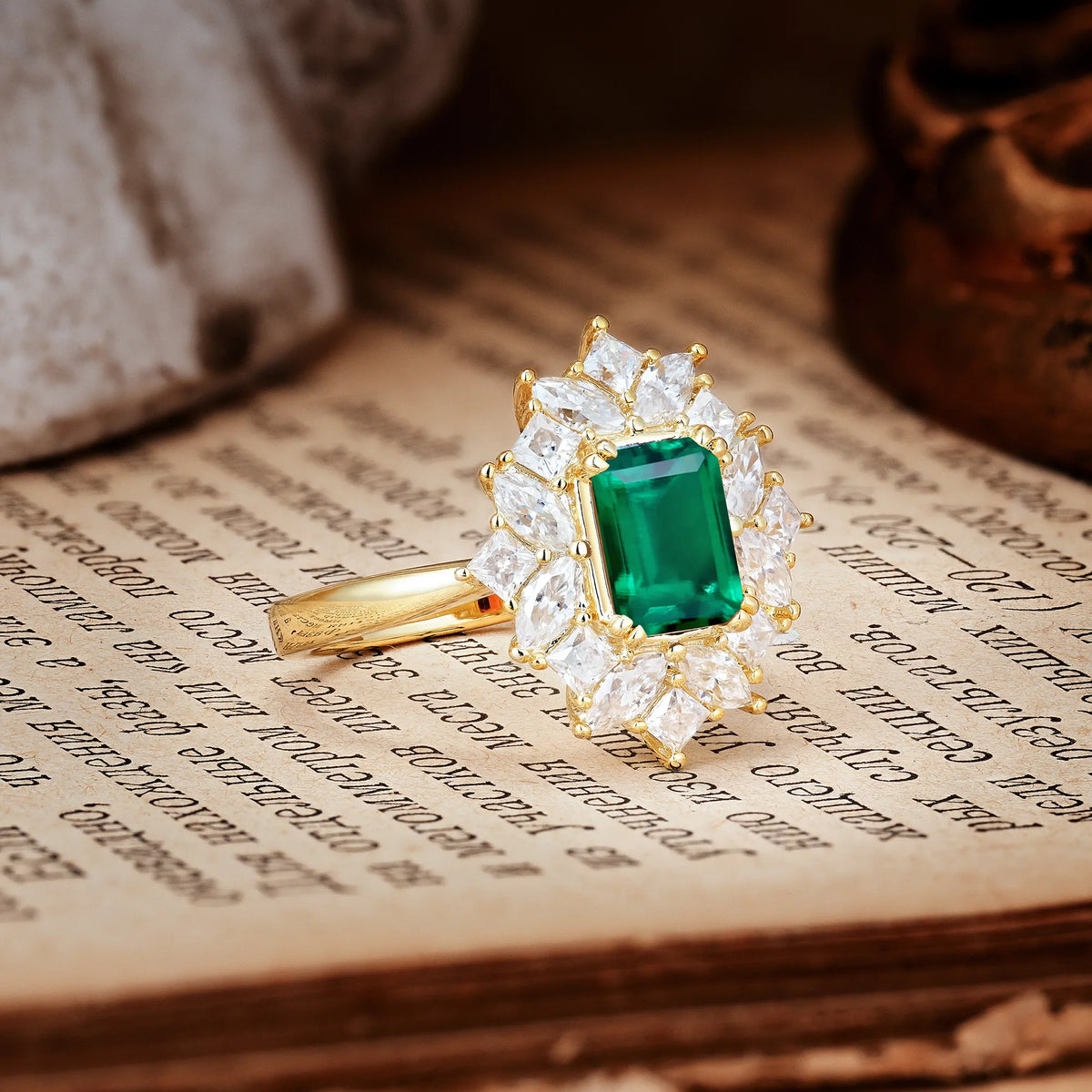 Unique & Classic 12-Prong Emerald Cut Emerald Engagement Ring