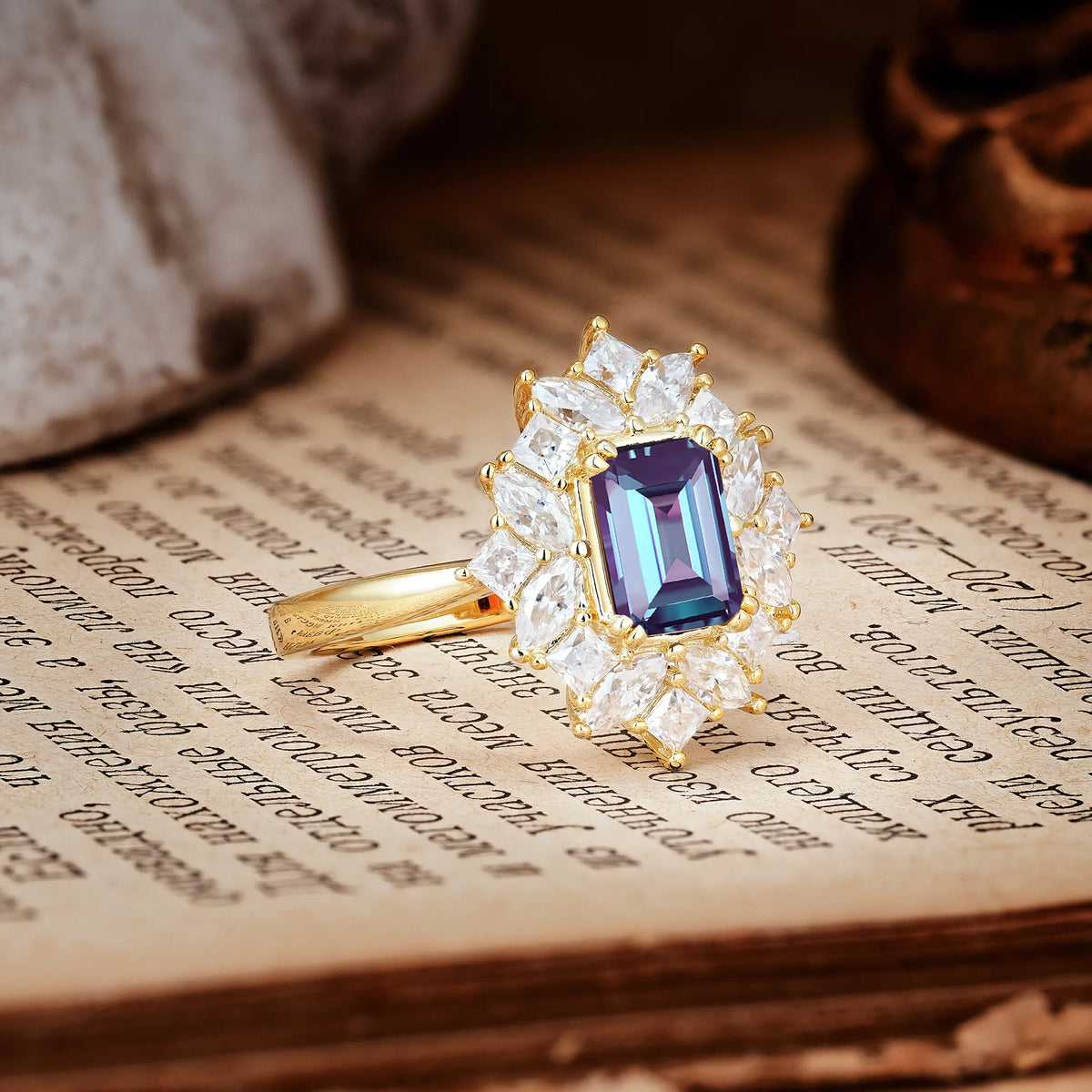 Unique & Classic 12-Prong Emerald Cut Alexandrite Engagement Ring