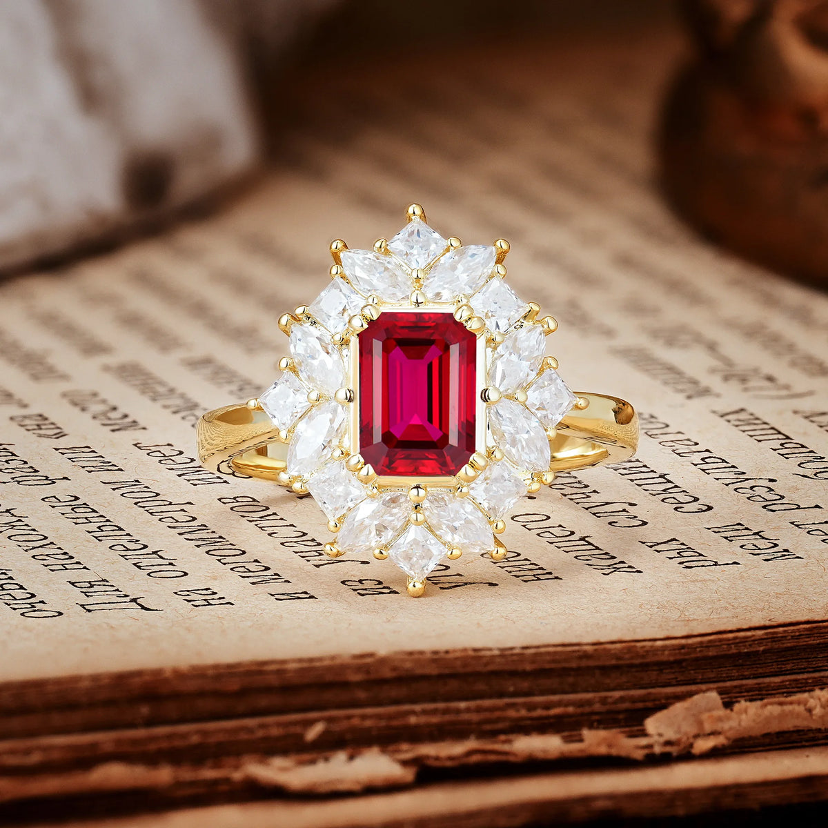 Unique & Classic 12-Prong Emerald Cut Ruby Engagement Ring