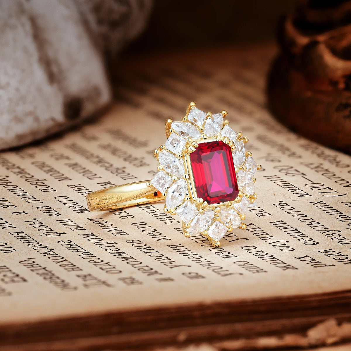 Unique & Classic 12-Prong Emerald Cut Ruby Engagement Ring