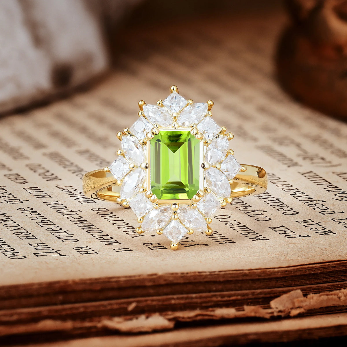 Unique & Classic 12-Prong Emerald Cut Peridot Engagement Ring